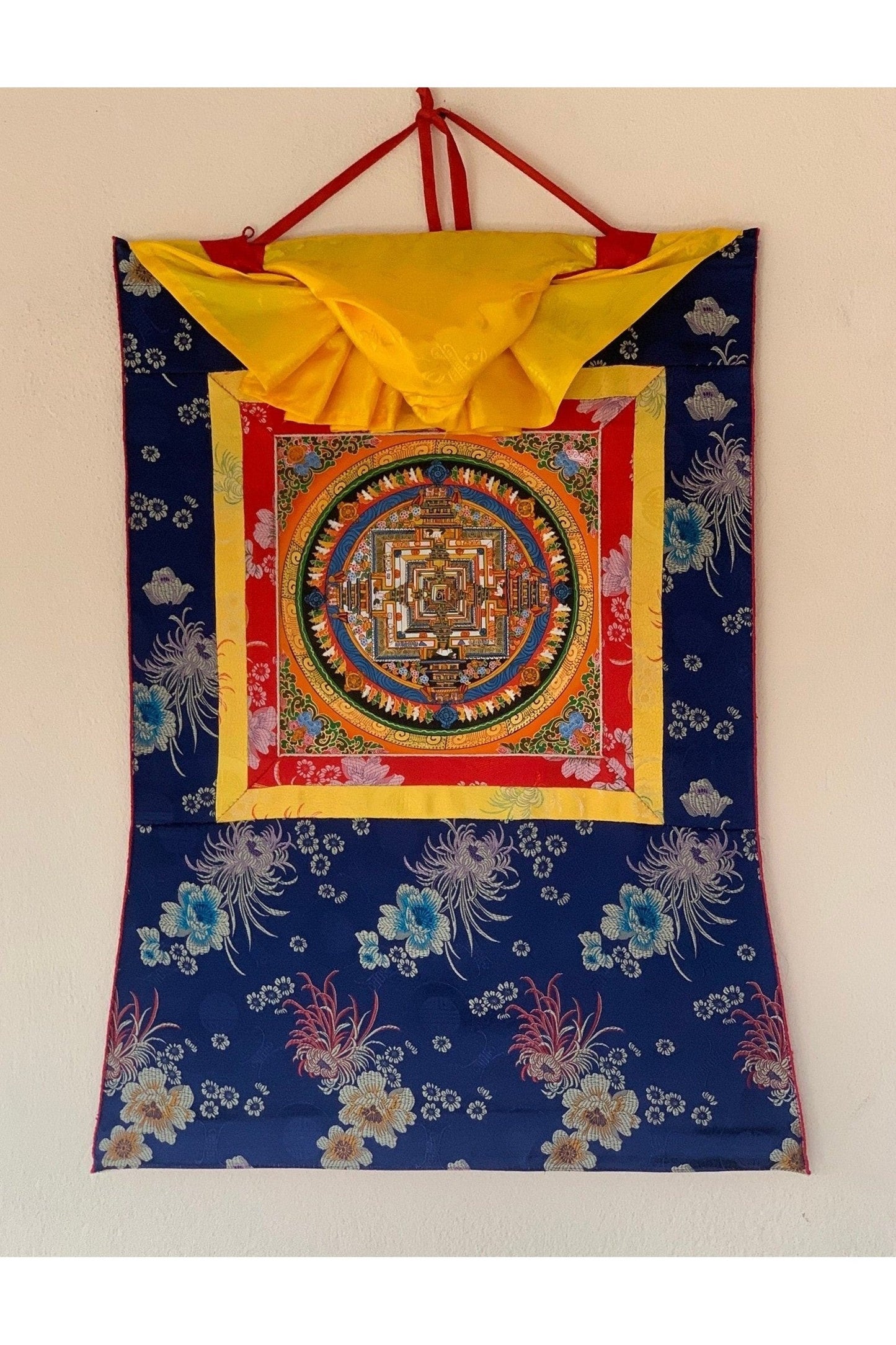 Kalachakra Mandala, Wheel of Life, Thangka Painting, Original Art, with Floral Silk Brocade - Tibetan Thangka Art