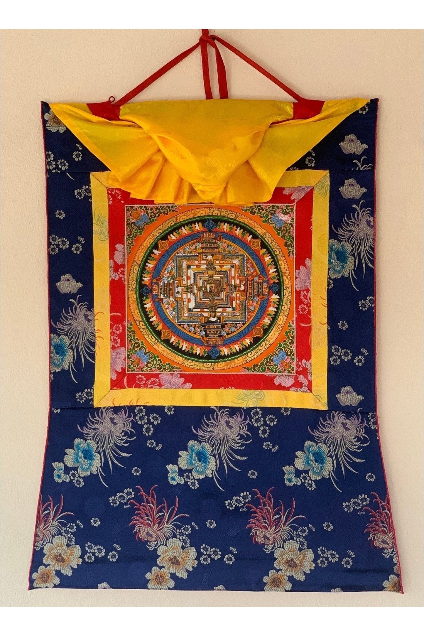 Kalachakra Mandala, Wheel of Life, Thangka Painting, Original Art, with Floral Silk Brocade - Tibetan Thangka Art