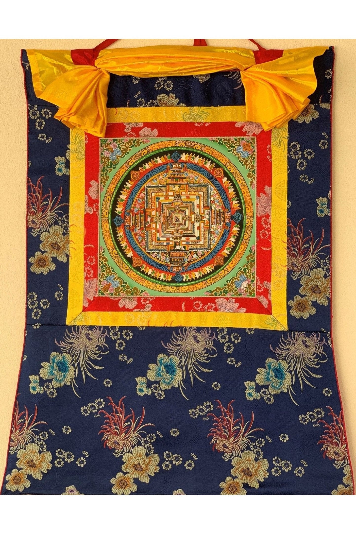 Kalachakra Mandala, Wheel of Life, Thangka Painting, Original Art, with Floral Silk Brocade - Tibetan Thangka Art