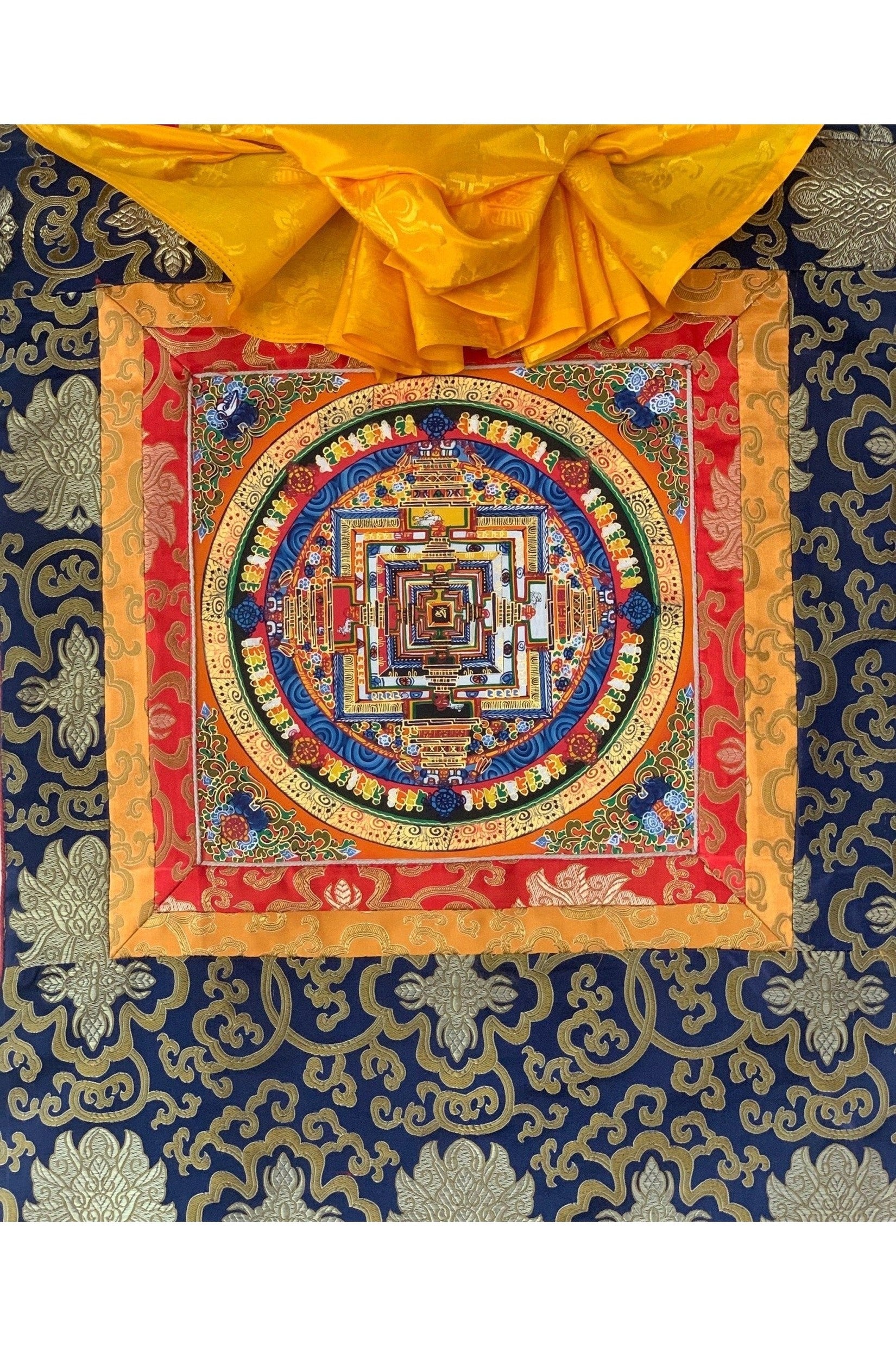 Kalachakra Mandala Wheel of Life Tibetan Thangka Painting Original Buddhist Art with Silk Brocade - Tibetan Thangka Art