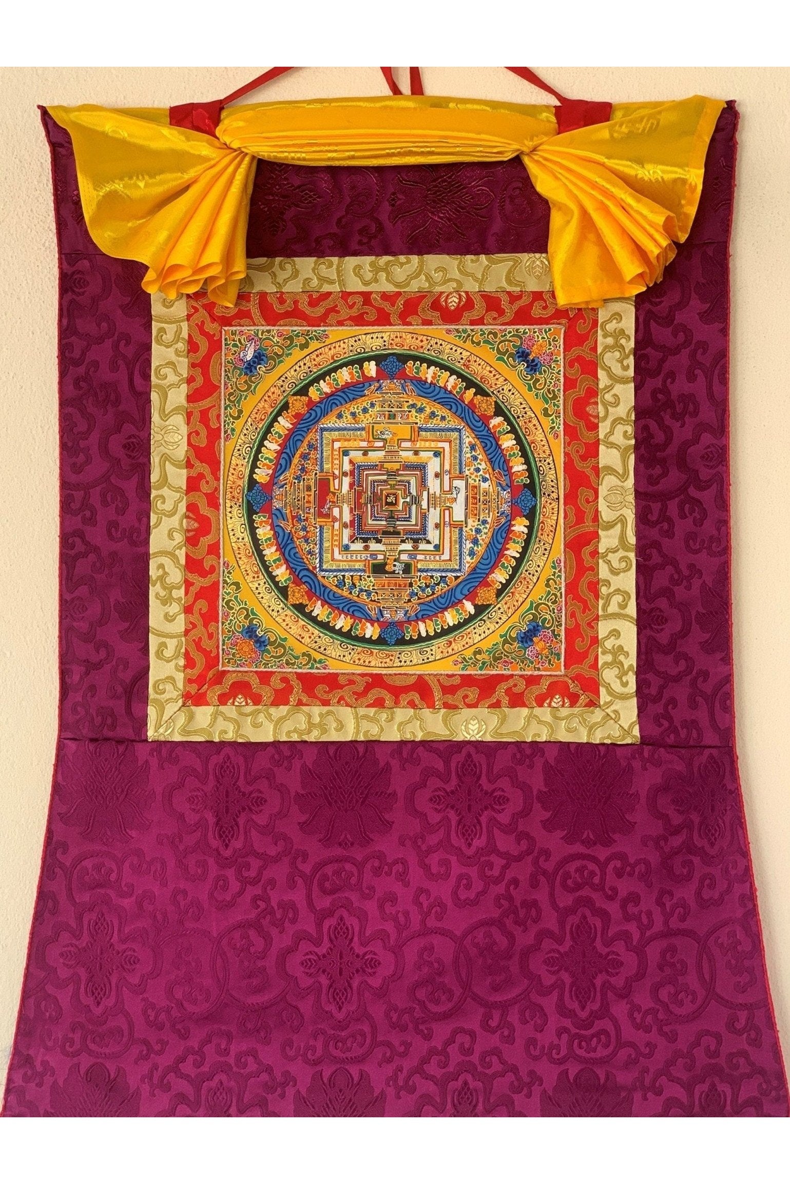 Kalachakra Mandala Wheel of Life Tibetan Thangka Painting Original Buddhist Art with Silk Brocade - Tibetan Thangka Art