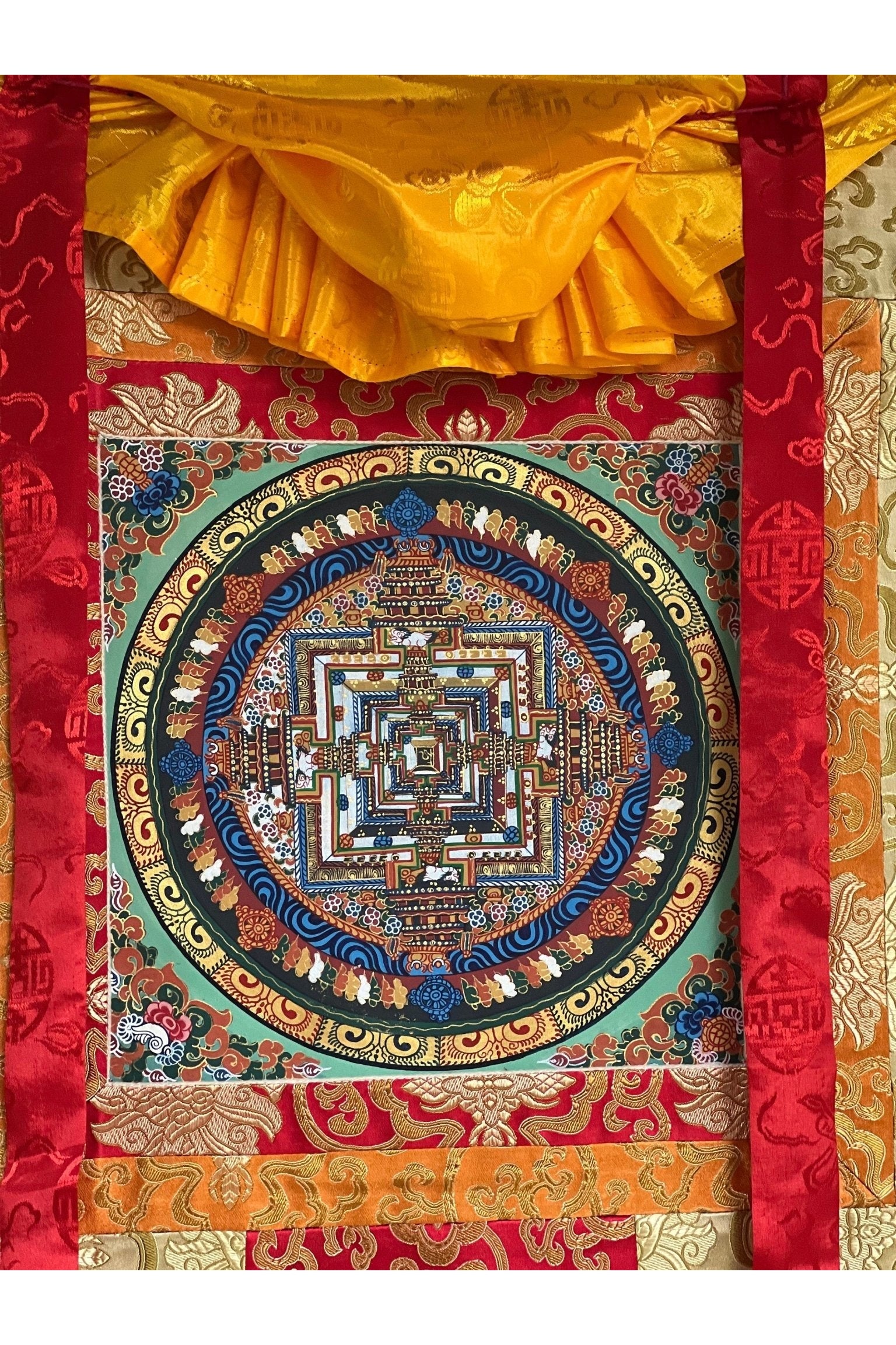 Kalachakra Mandala Wheel of Life Tibetan Thangka Painting Original Hand Painted Art with Silk Brocade - Tibetan Thangka Art