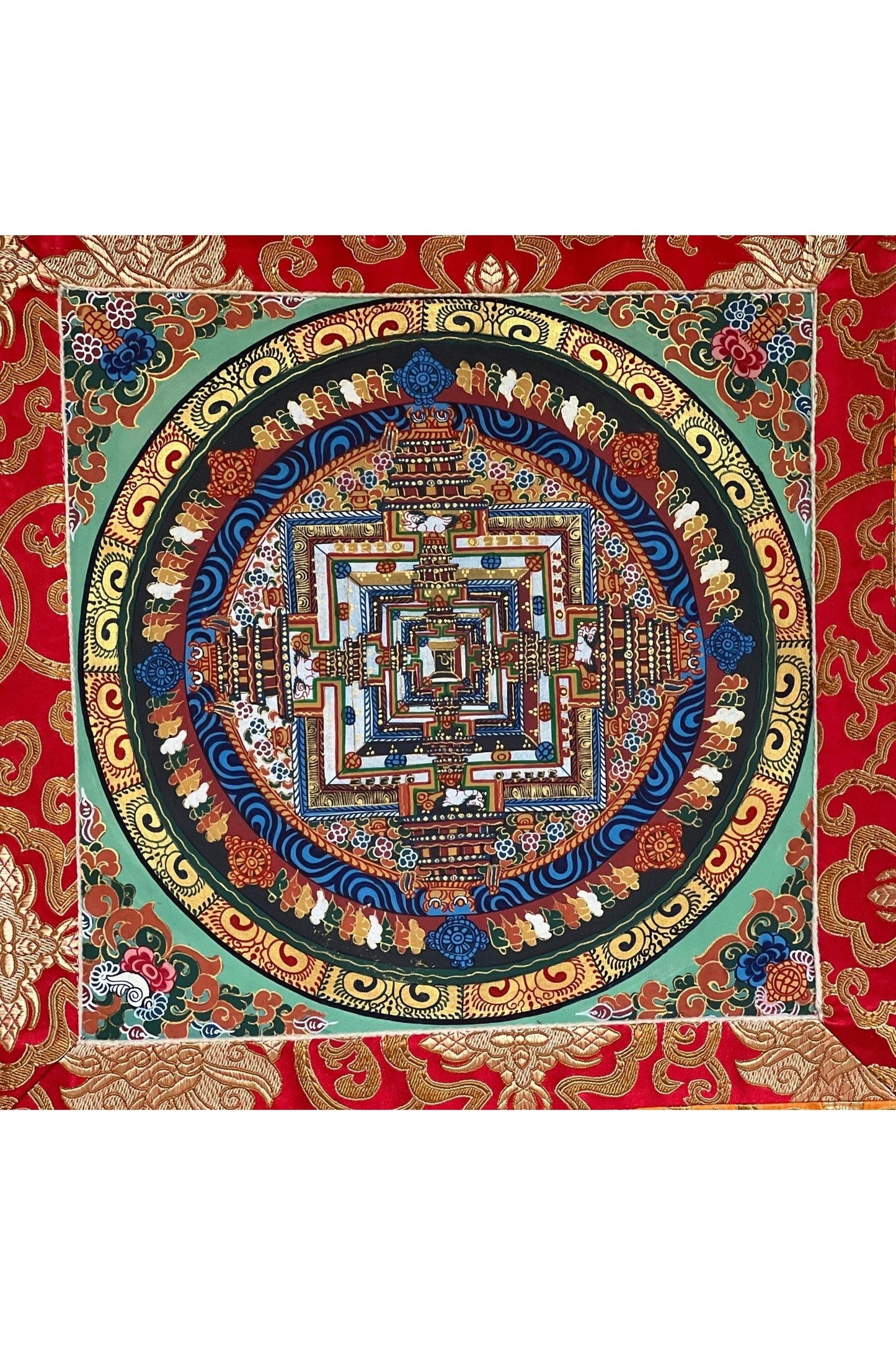 Kalachakra Mandala Wheel of Life Tibetan Thangka Painting Original Hand Painted Art with Silk Brocade - Tibetan Thangka Art