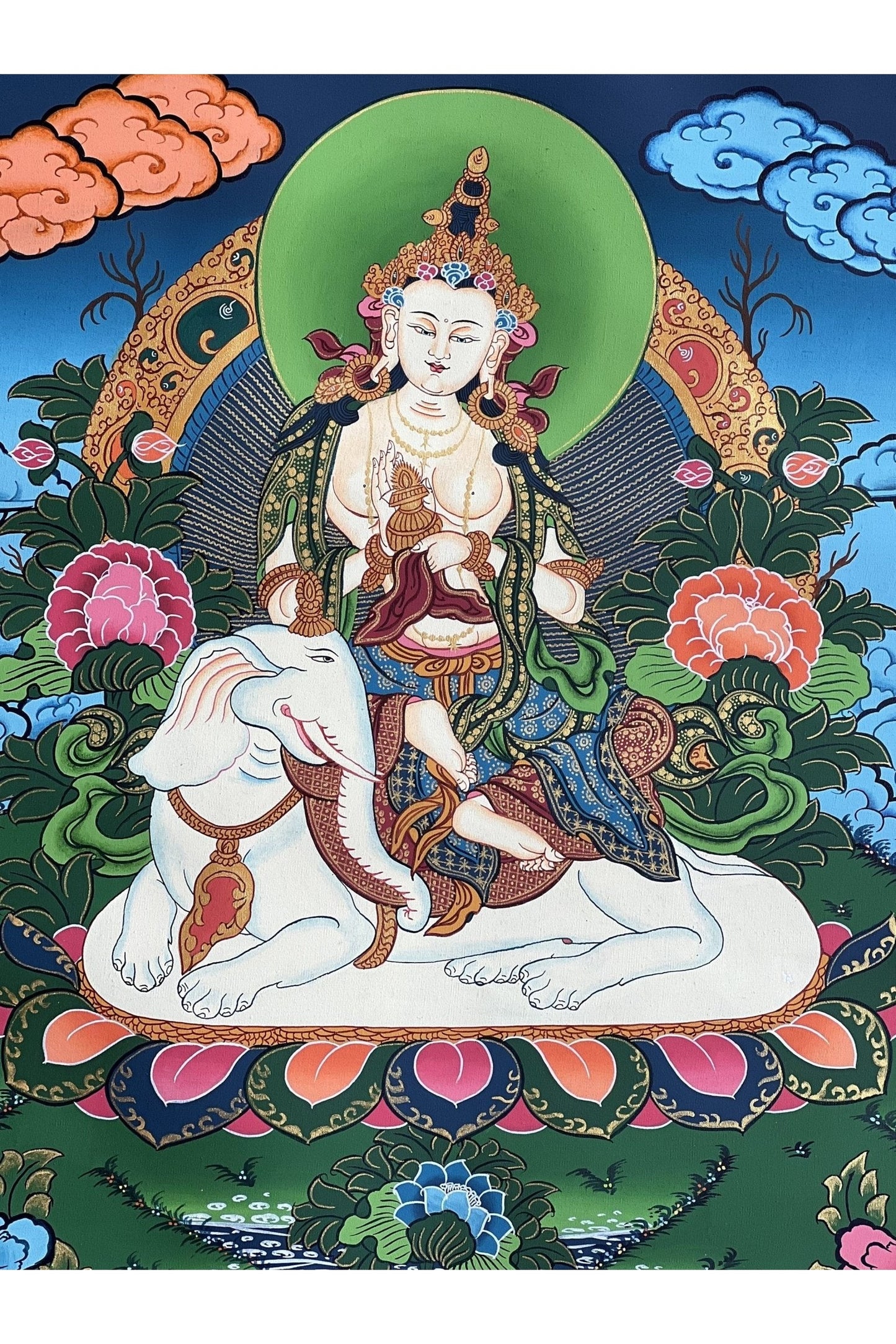 Kindness Buddha/ Bodhisattva PU Xian Sitting on Elephant Fine Quality Tibetan Thangka Painting Original Art/Hand Painting - Tibetan Thangka Art