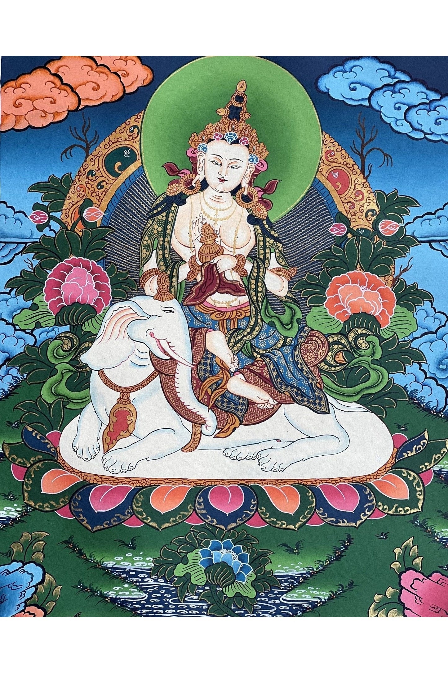 Kindness Buddha/ Bodhisattva PU Xian Sitting on Elephant Fine Quality Tibetan Thangka Painting Original Art/Hand Painting - Tibetan Thangka Art