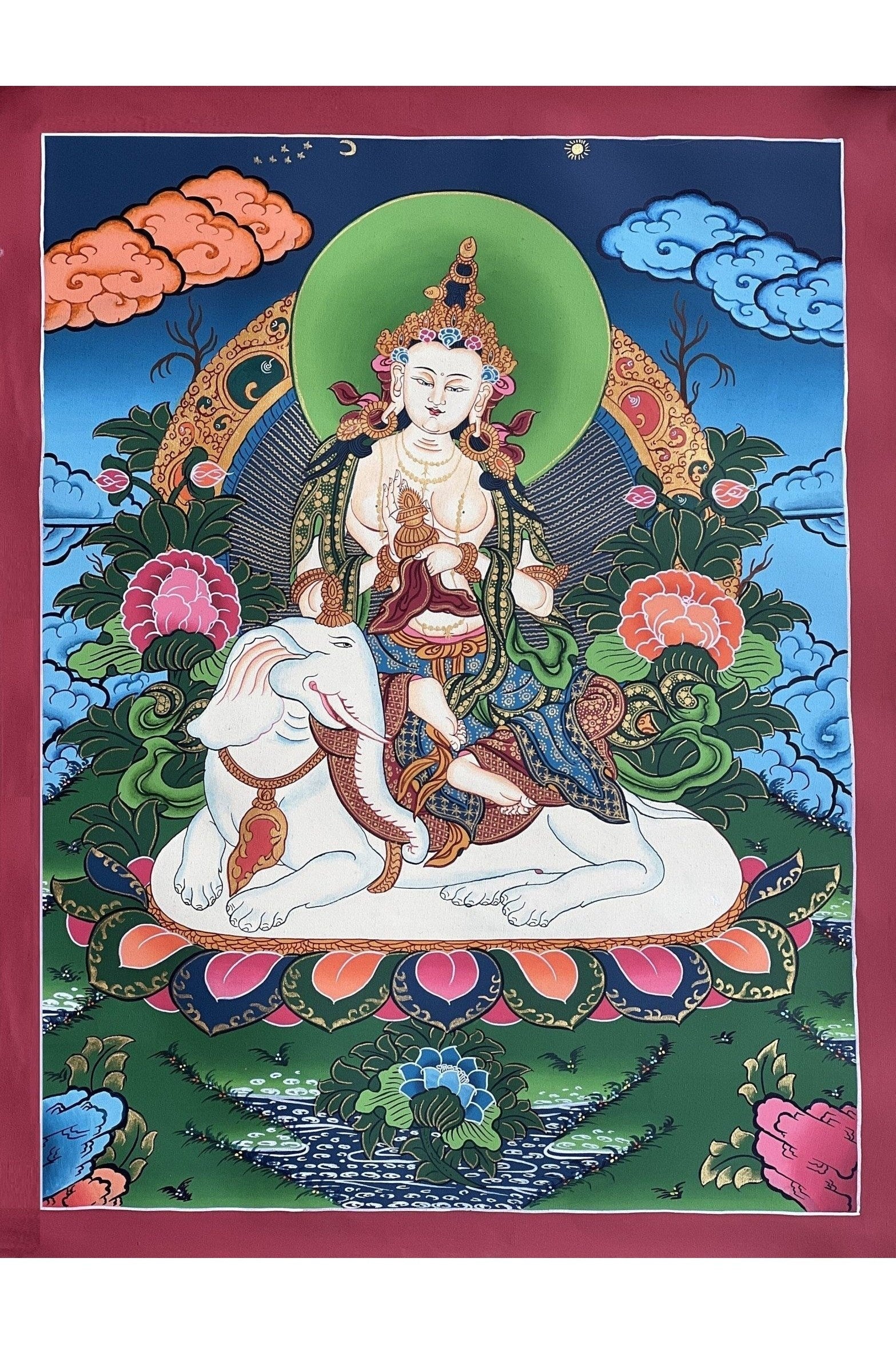 Kindness Buddha/ Bodhisattva PU Xian Sitting on Elephant Fine Quality Tibetan Thangka Painting Original Art/Hand Painting - Tibetan Thangka Art