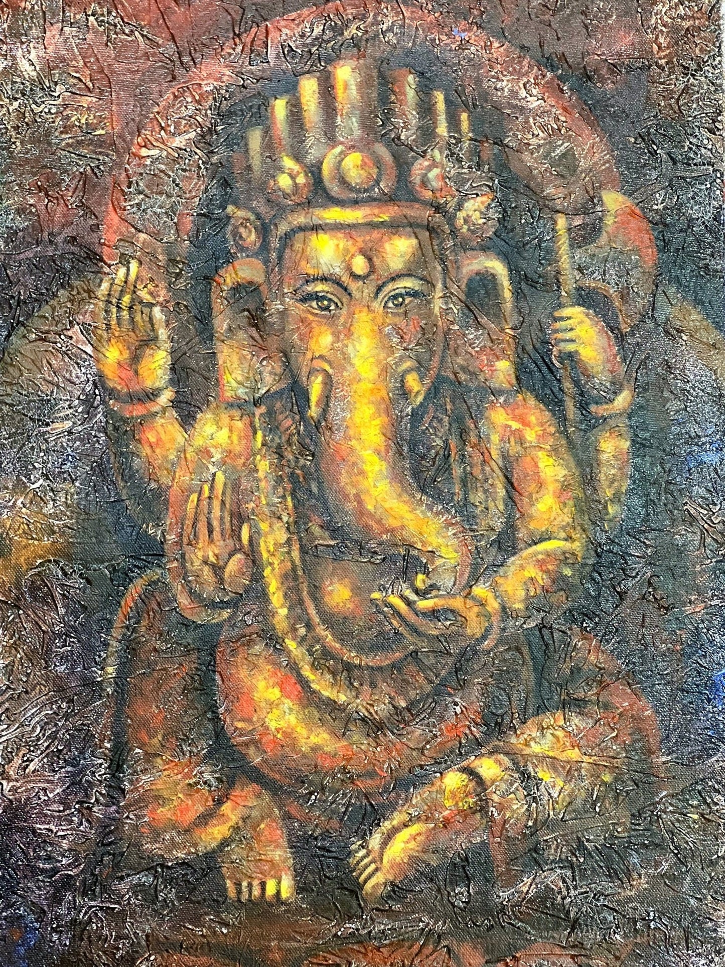 Lord Ganesha/ Ganesh/ Ganapati/ Vinayaka Hindu Art High - Quality Acrylic Painting / Palette Knife Painting on Canvas - Tibetan Thangka Art