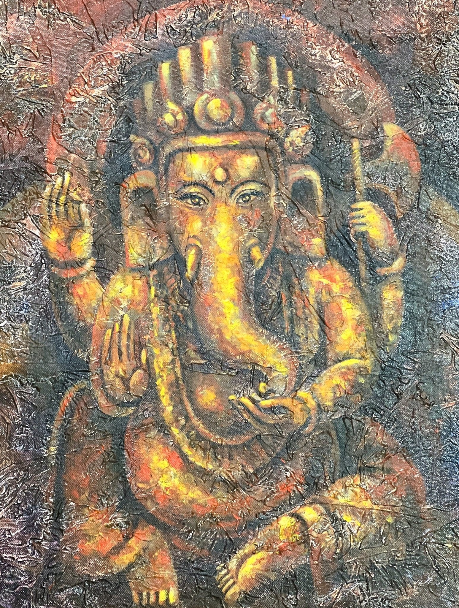 Lord Ganesha/ Ganesh/ Ganapati/ Vinayaka Hindu Art High - Quality Acrylic Painting / Palette Knife Painting on Canvas - Tibetan Thangka Art