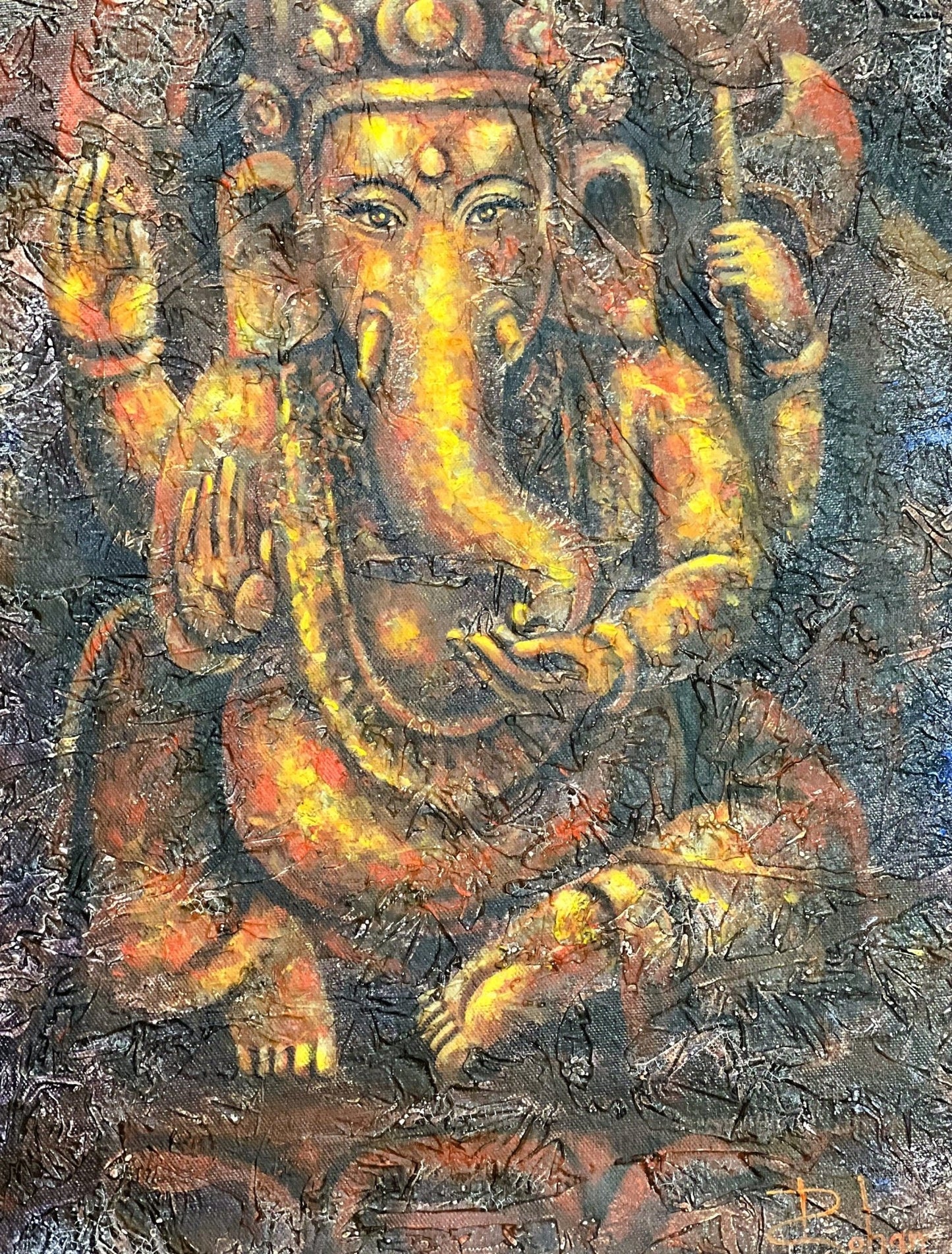 Lord Ganesha/ Ganesh/ Ganapati/ Vinayaka Hindu Art High - Quality Acrylic Painting / Palette Knife Painting on Canvas - Tibetan Thangka Art