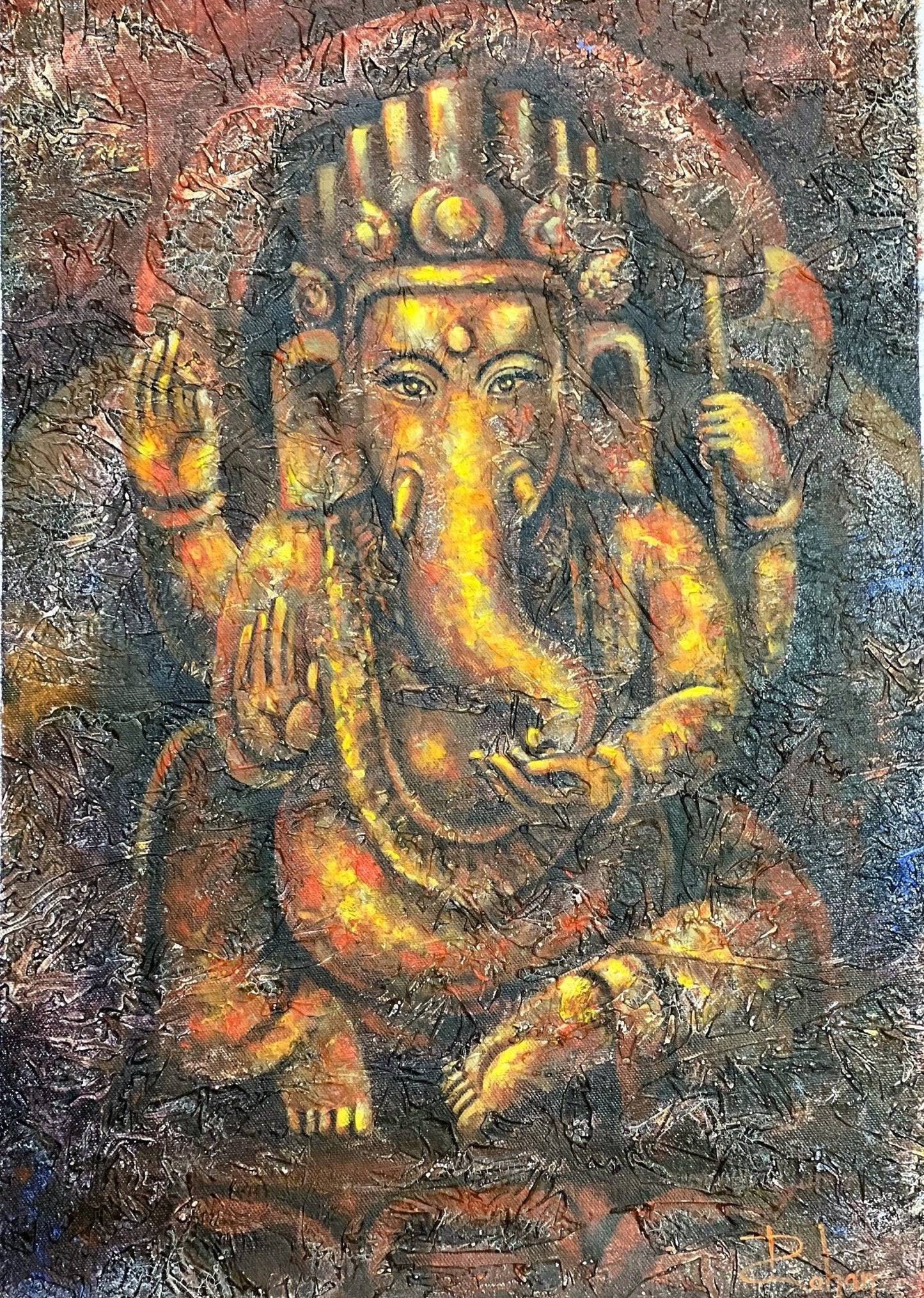 Lord Ganesha/ Ganesh/ Ganapati/ Vinayaka Hindu Art High - Quality Acrylic Painting / Palette Knife Painting on Canvas - Tibetan Thangka Art