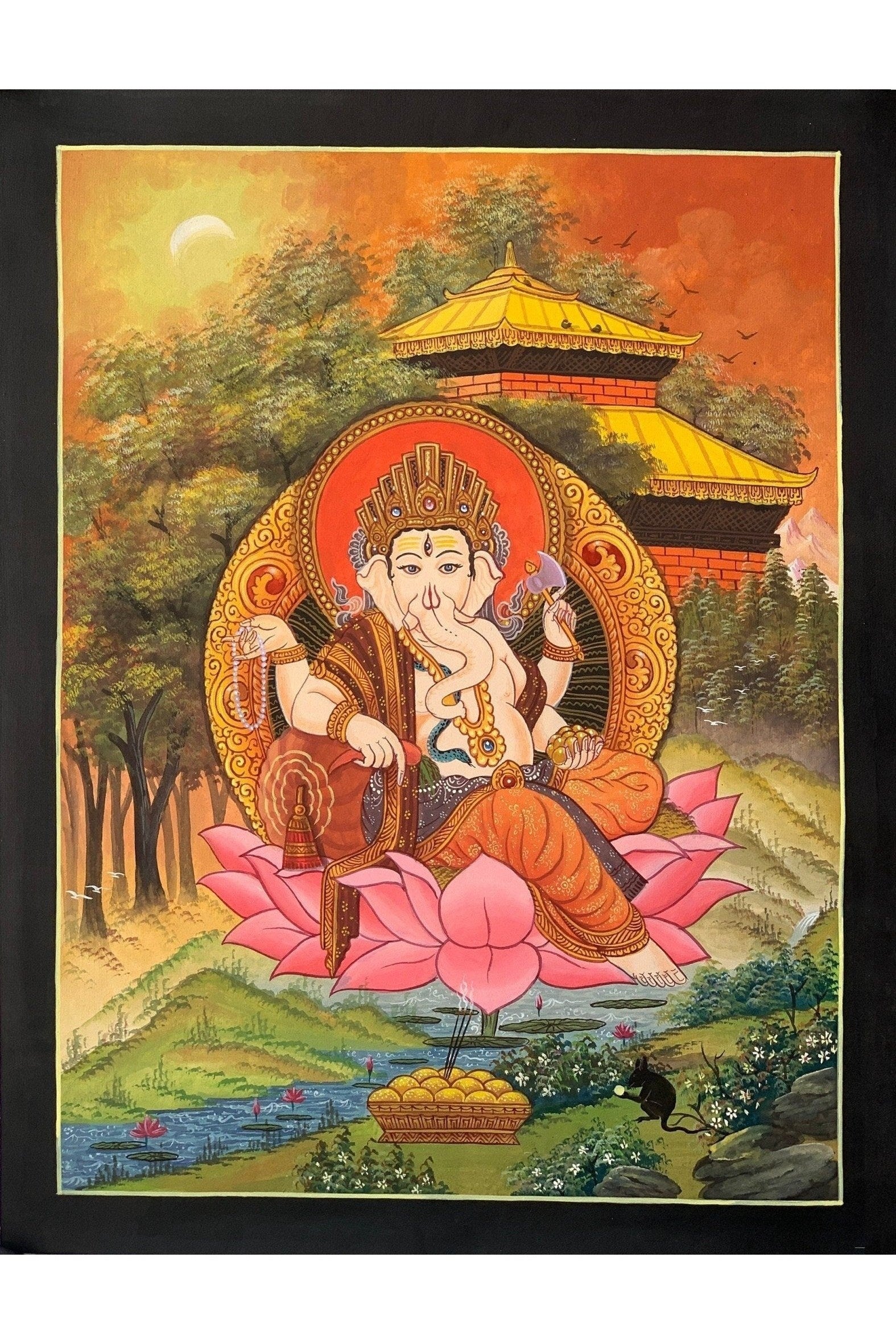 Lord Ganesha, Ganesh, Ganapati, Vinayaka, Hindu God, Master Quality Newari Paubha, Thangka Painting, Original Hand Painting/Art 15 x 20 - Inch - Tibetan Thangka Art