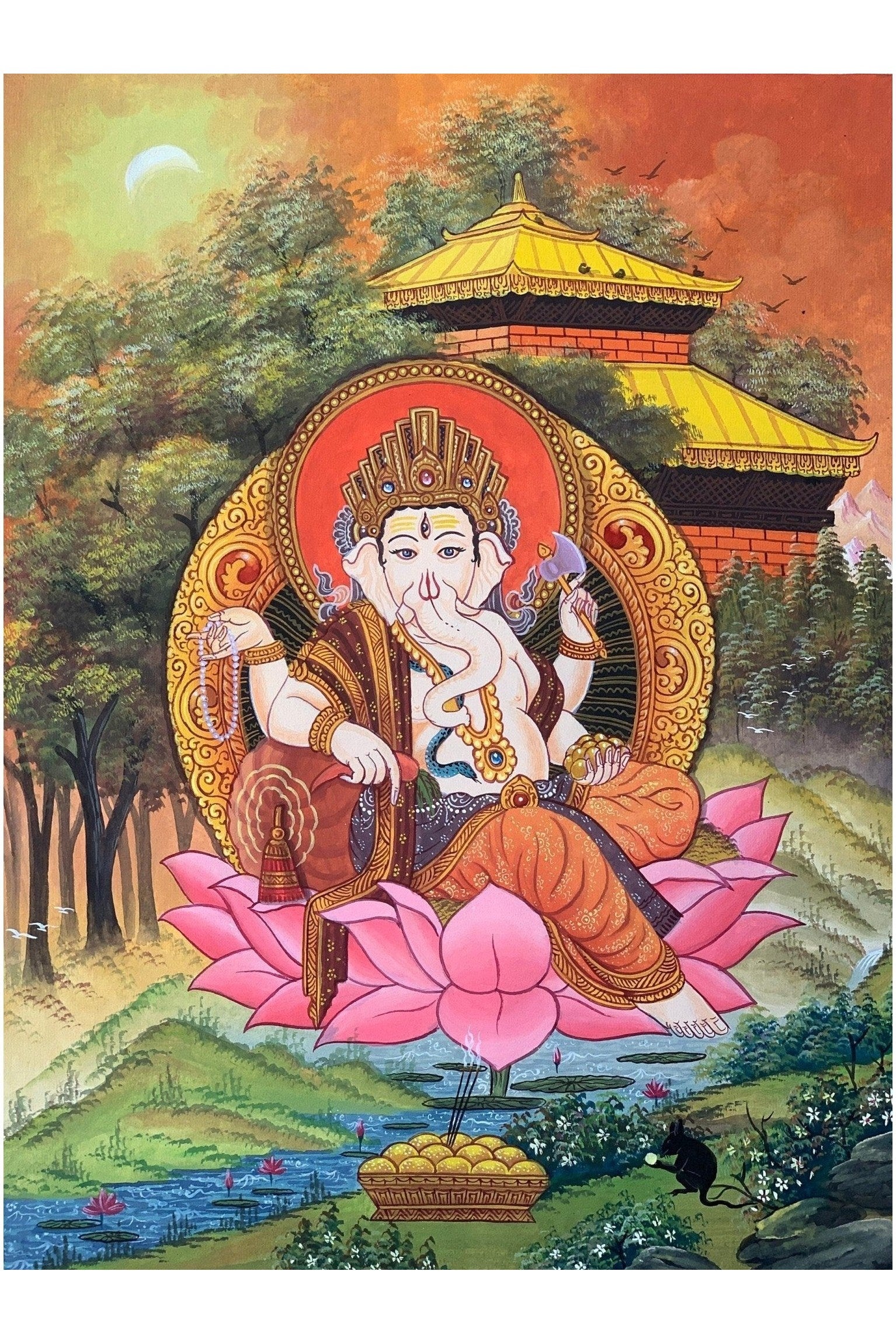 Lord Ganesha, Ganesh, Ganapati, Vinayaka, Hindu God, Master Quality Newari Paubha, Thangka Painting, Original Hand Painting/Art 15 x 20 - Inch - Tibetan Thangka Art