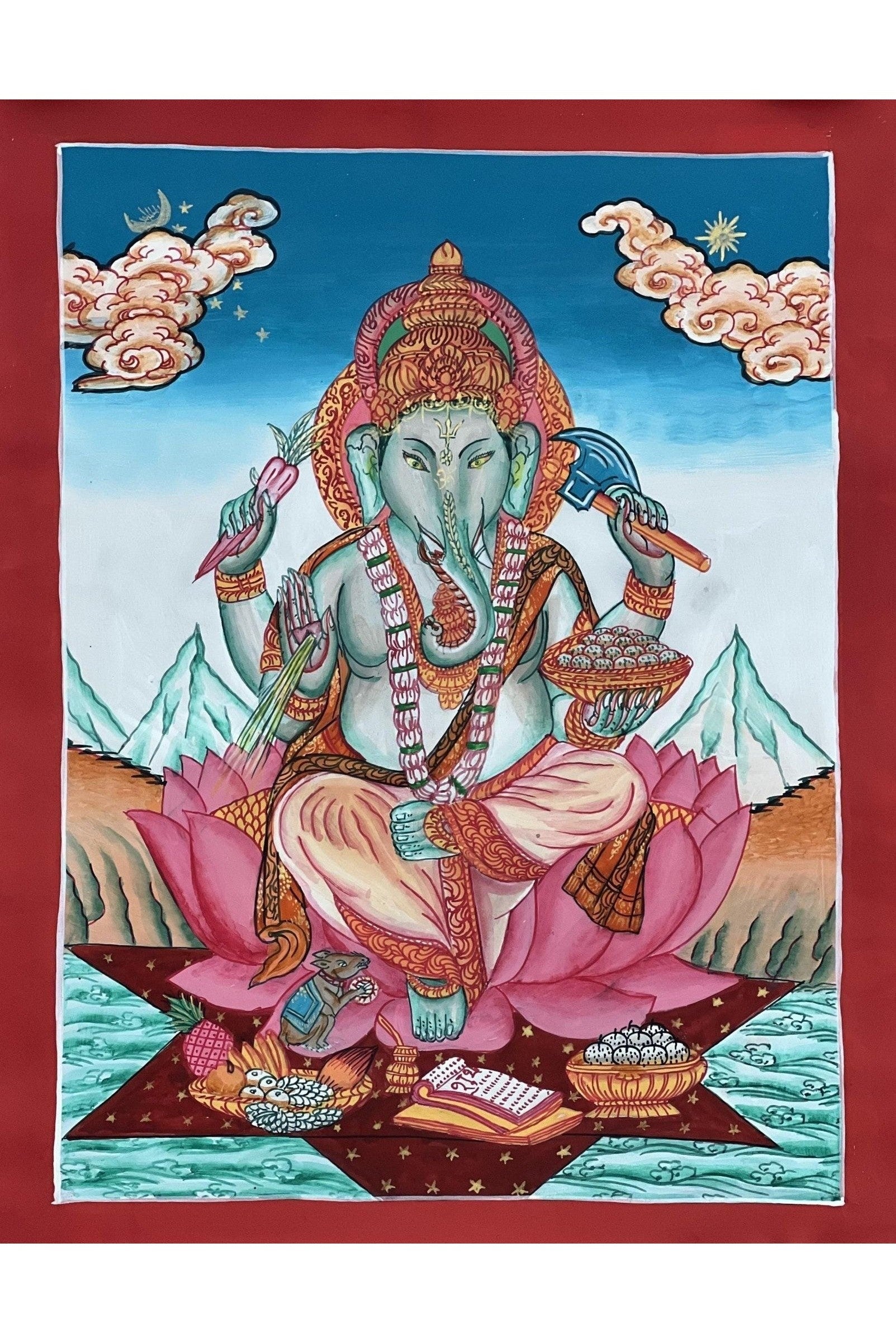 Lord Ganesha Ganesh Ganapati Vinayaka Master Quality Newari Paubha/Pauva Thangka Painting Original Hand Painted Art from Nepal - Tibetan Thangka Art