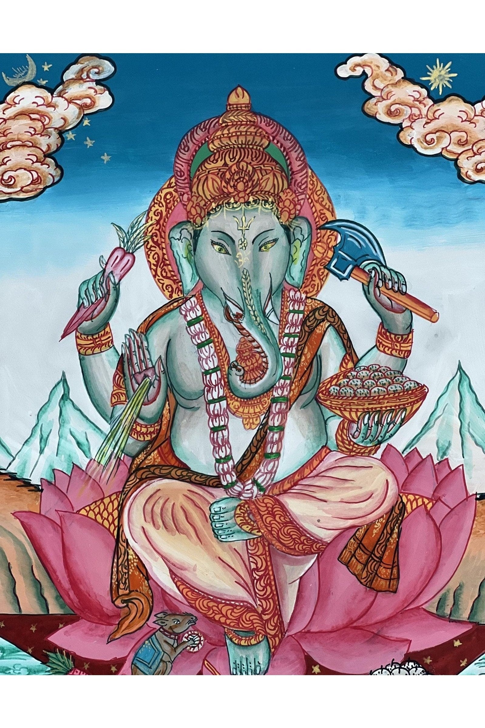 Lord Ganesha Ganesh Ganapati Vinayaka Master Quality Newari Paubha/Pauva Thangka Painting Original Hand Painted Art from Nepal - Tibetan Thangka Art