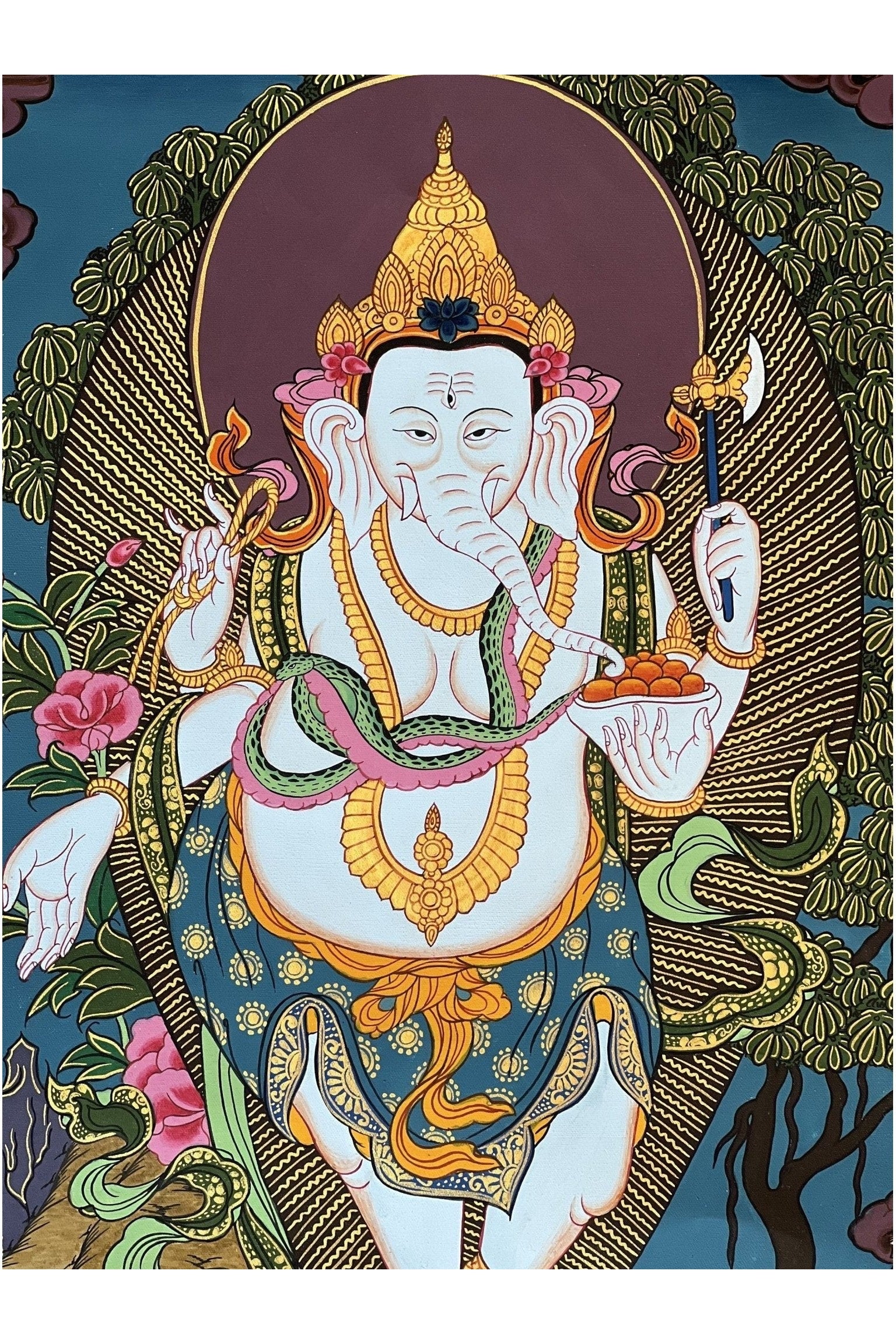 Lord Ganesha/ Ganesh/ Ganapati/ Vinayaka Remover of Obstacle Original Thangka Style Hand - Painting Painting/ Hindu Art - Tibetan Thangka Art