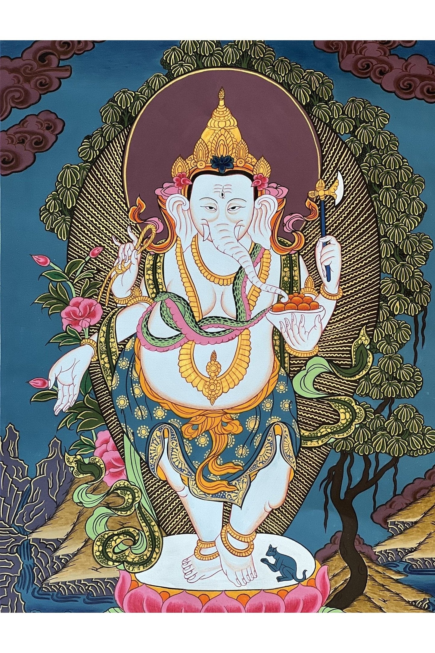 Lord Ganesha/ Ganesh/ Ganapati/ Vinayaka Remover of Obstacle Original Thangka Style Hand - Painting Painting/ Hindu Art - Tibetan Thangka Art