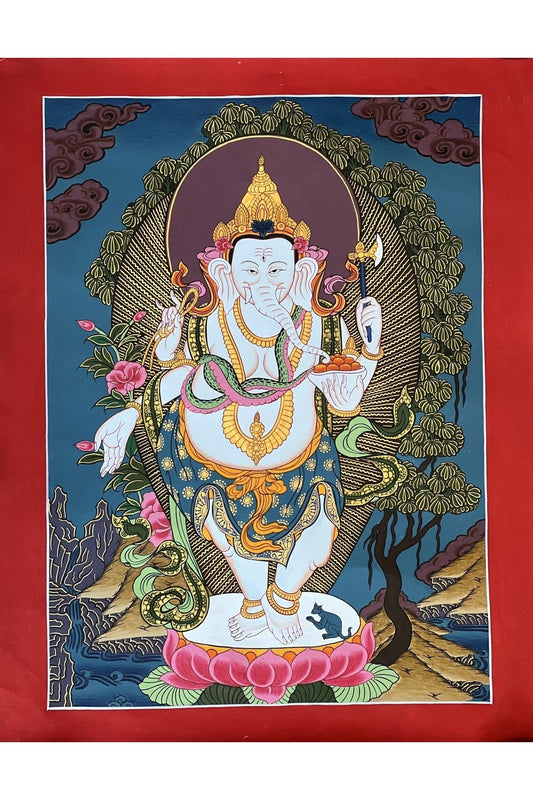 Lord Ganesha/ Ganesh/ Ganapati/ Vinayaka Remover of Obstacle Original Thangka Style Hand - Painting Painting/ Hindu Art - Tibetan Thangka Art