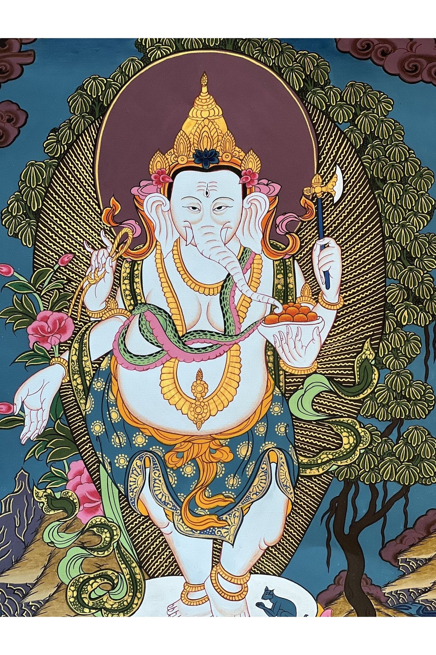 Lord Ganesha/ Ganesh/ Ganapati/ Vinayaka Remover of Obstacle Original Thangka Style Hand - Painting Painting/ Hindu Art - Tibetan Thangka Art