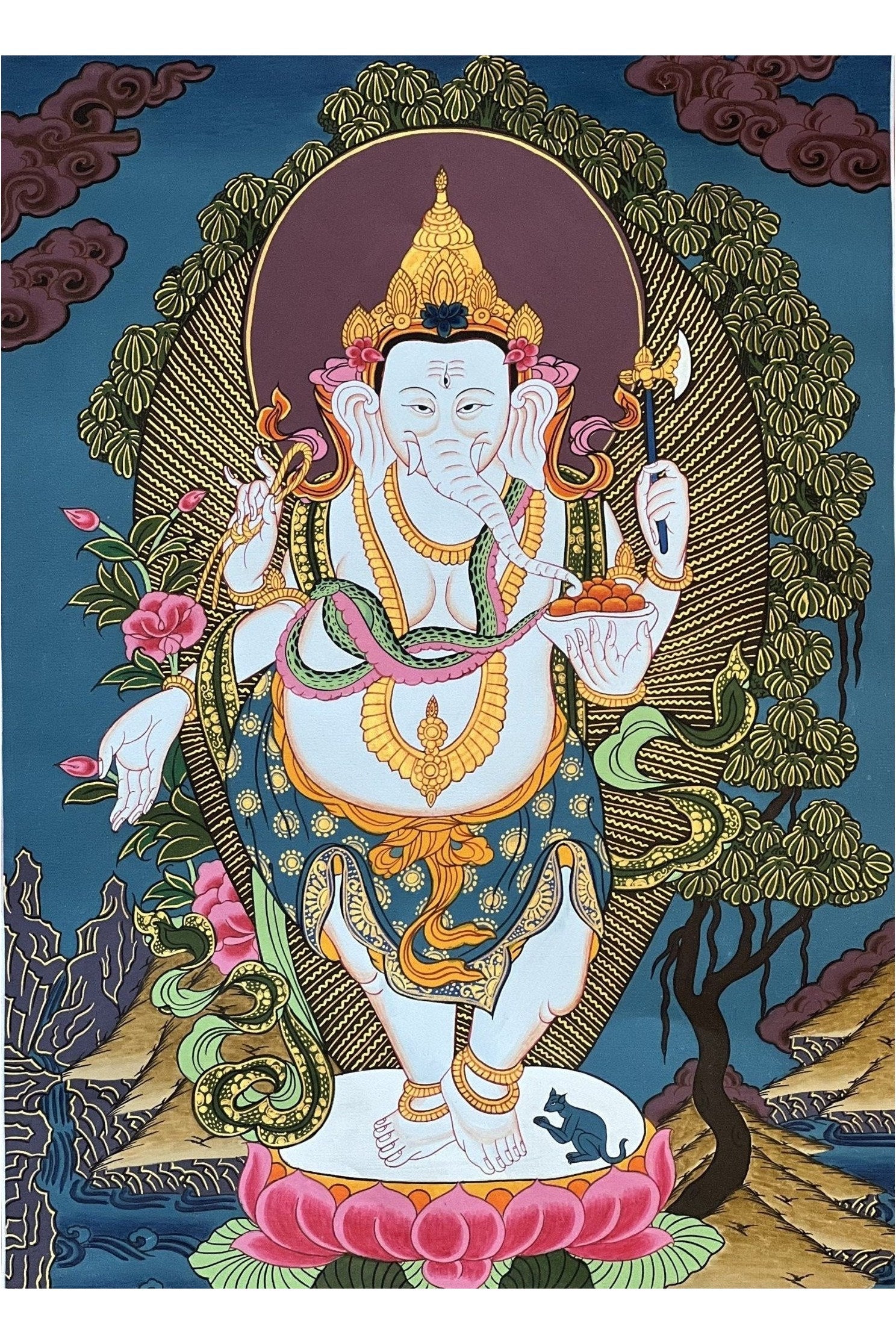 Lord Ganesha/ Ganesh/ Ganapati/ Vinayaka Remover of Obstacle Original Thangka Style Hand - Painting Painting/ Hindu Art - Tibetan Thangka Art