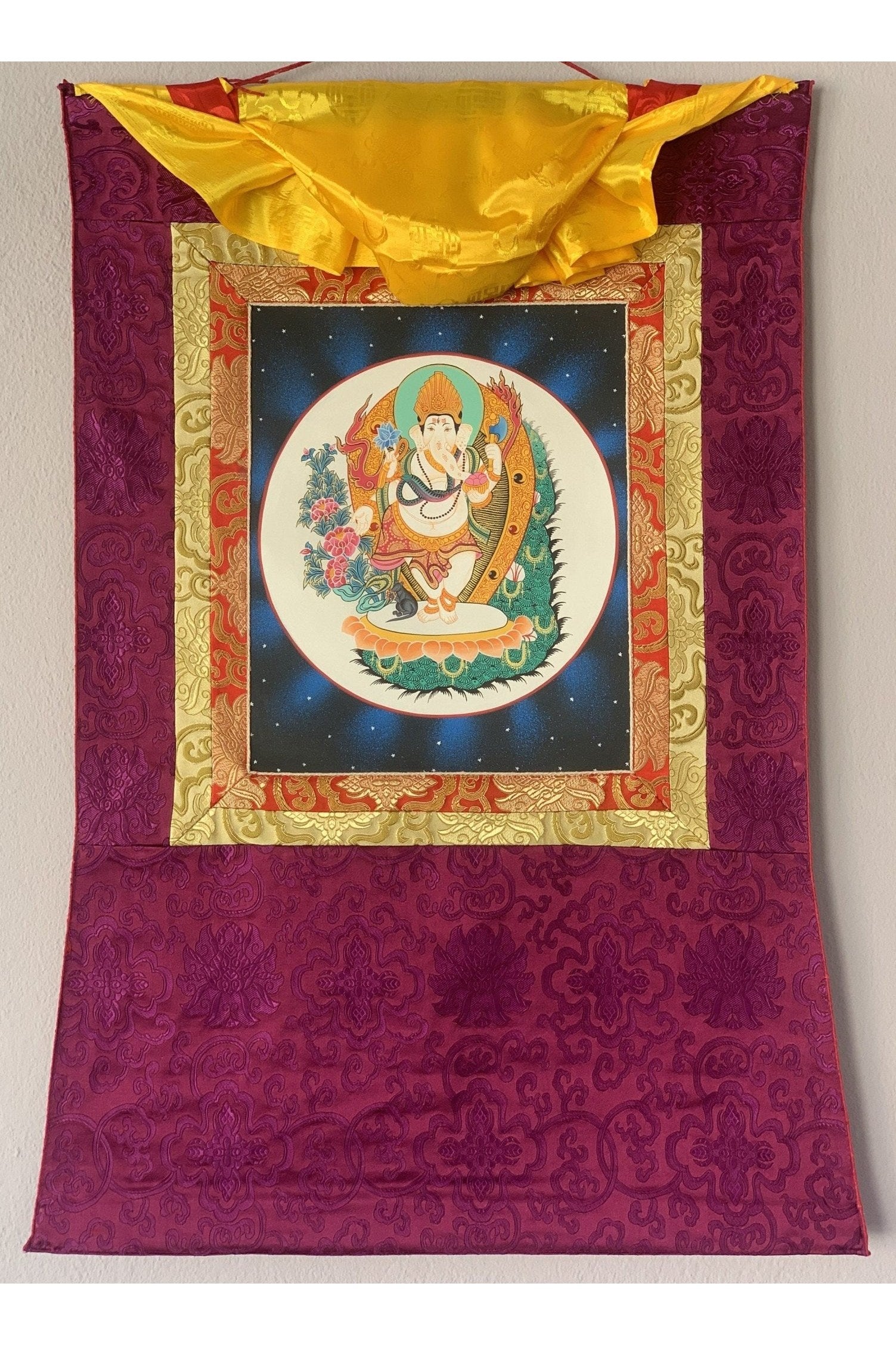 Lord Ganesha, Ganesh, Ganapati, Vinayaka, Thangka Painting, Hindu Buddhist, Original Art, Hand Painting with Silk Frame - Tibetan Thangka Art