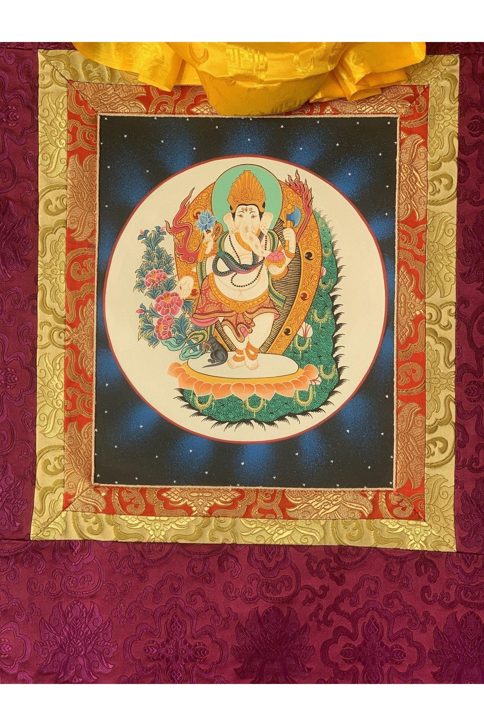 Lord Ganesha, Ganesh, Ganapati, Vinayaka, Thangka Painting, Hindu Buddhist, Original Art, Hand Painting with Silk Frame - Tibetan Thangka Art