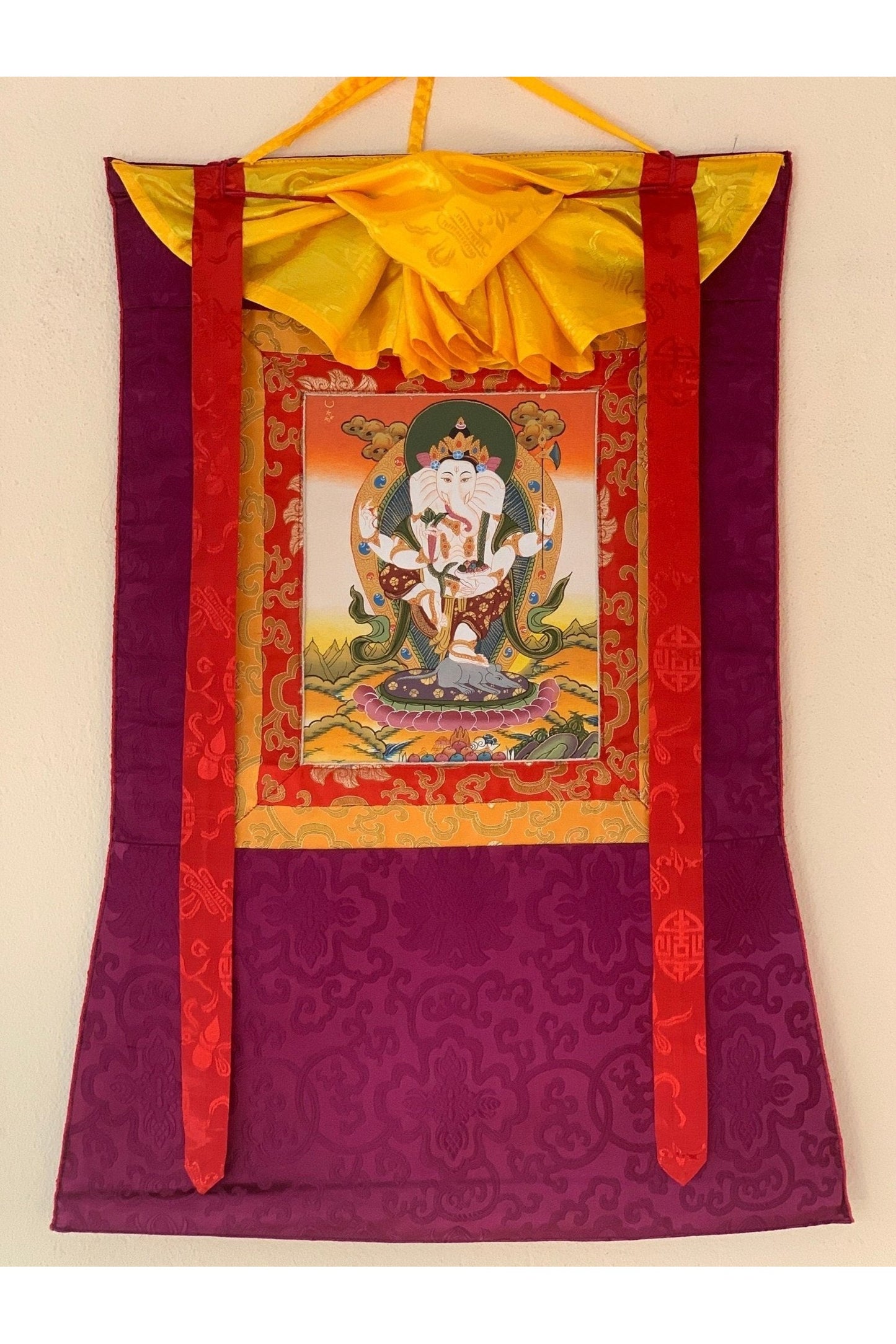 Lord Ganesha, Ganesh, Ganapati, Vinayaka, Thangka Painting, Original Art with Silk Frame ( Brocade) - Tibetan Thangka Art