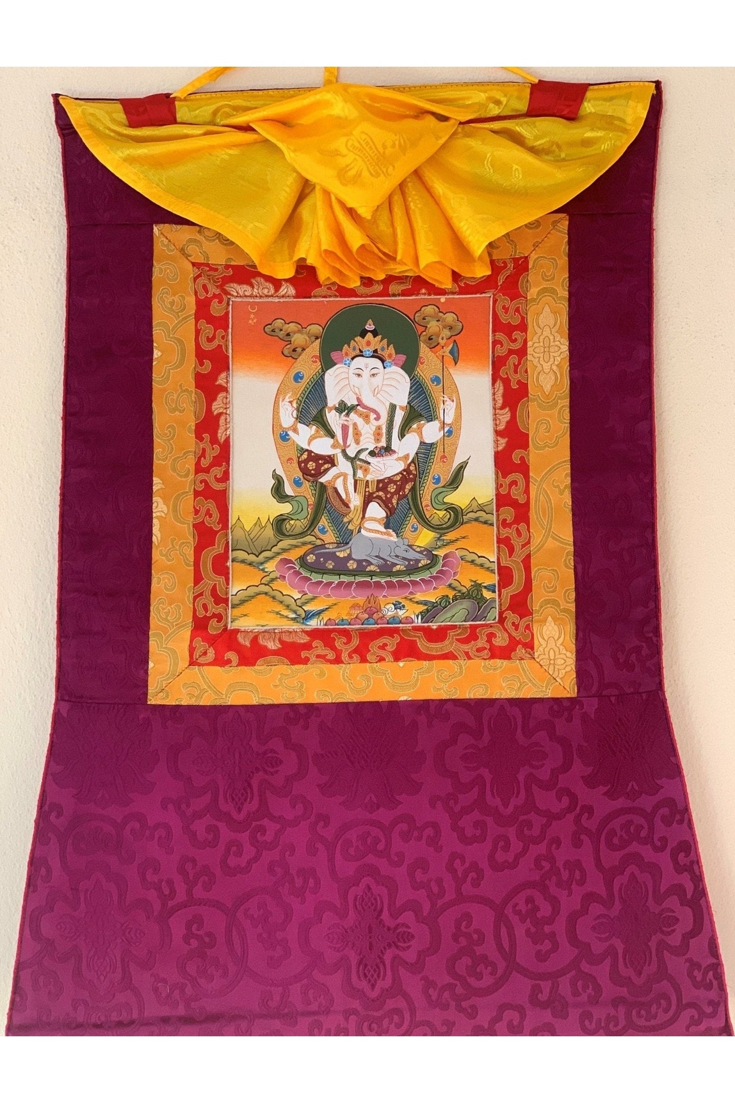 Lord Ganesha, Ganesh, Ganapati, Vinayaka, Thangka Painting, Original Art with Silk Frame ( Brocade) - Tibetan Thangka Art