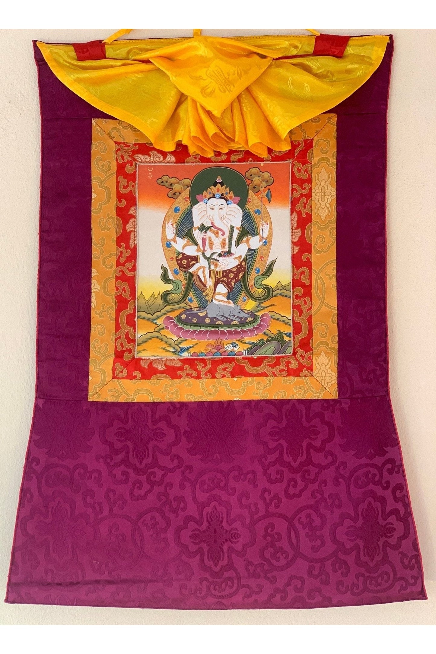 Lord Ganesha, Ganesh, Ganapati, Vinayaka, Thangka Painting, Original Art with Silk Frame ( Brocade) - Tibetan Thangka Art