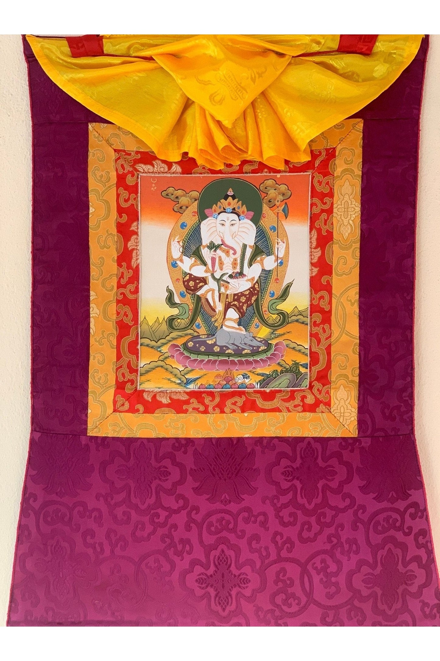 Lord Ganesha, Ganesh, Ganapati, Vinayaka, Thangka Painting, Original Art with Silk Frame ( Brocade) - Tibetan Thangka Art