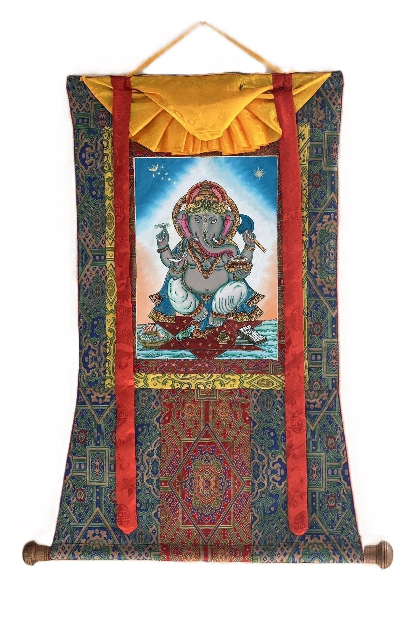 Lord Ganesha Ganesha/ Ganapati/Vinayaka, Newari Paubha/ Thangka Painting, Original Masterpiece Art with High - Quality Silk Brocade - Tibetan Thangka Art