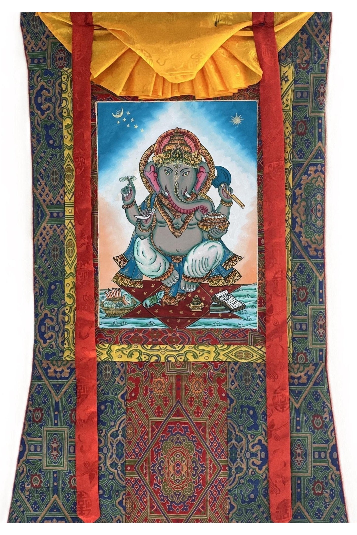 Lord Ganesha Ganesha/ Ganapati/Vinayaka, Newari Paubha/ Thangka Painting, Original Masterpiece Art with High - Quality Silk Brocade - Tibetan Thangka Art