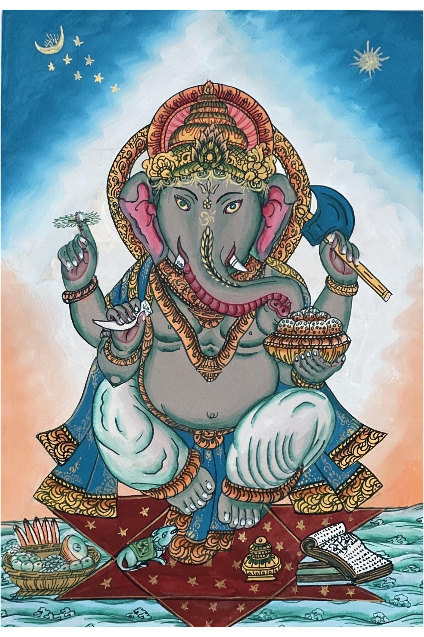 Lord Ganesha Ganesha/ Ganapati/Vinayaka, Newari Paubha/ Thangka Painting, Original Masterpiece Art with High - Quality Silk Brocade - Tibetan Thangka Art