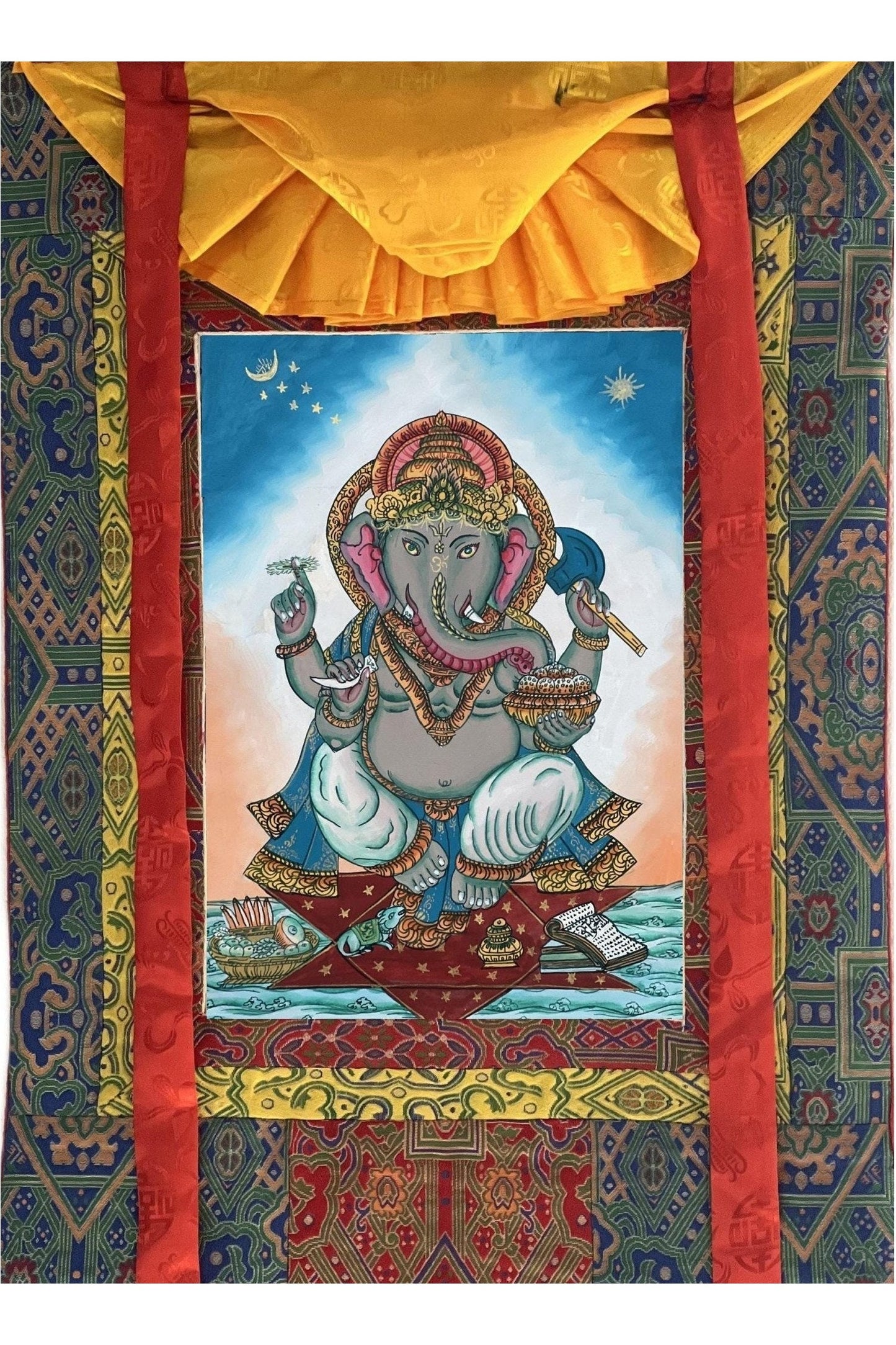 Lord Ganesha Ganesha/ Ganapati/Vinayaka, Newari Paubha/ Thangka Painting, Original Masterpiece Art with High - Quality Silk Brocade - Tibetan Thangka Art