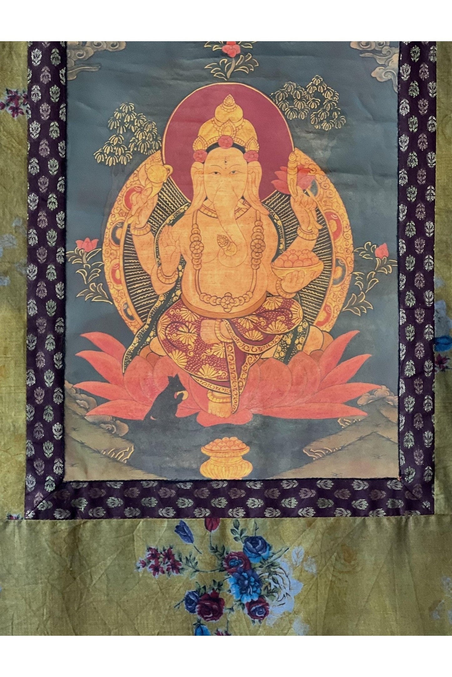 Lord Ganesha or Vinayaka Thangka Painting | Masterpiece Oil - Varnished Original Art | Framed with Cotton Brocade - Tibetan Thangka Art