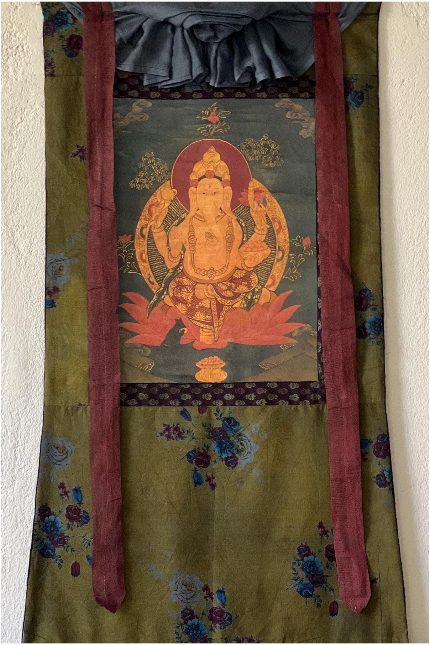 Lord Ganesha or Vinayaka Thangka Painting | Masterpiece Oil - Varnished Original Art | Framed with Cotton Brocade - Tibetan Thangka Art