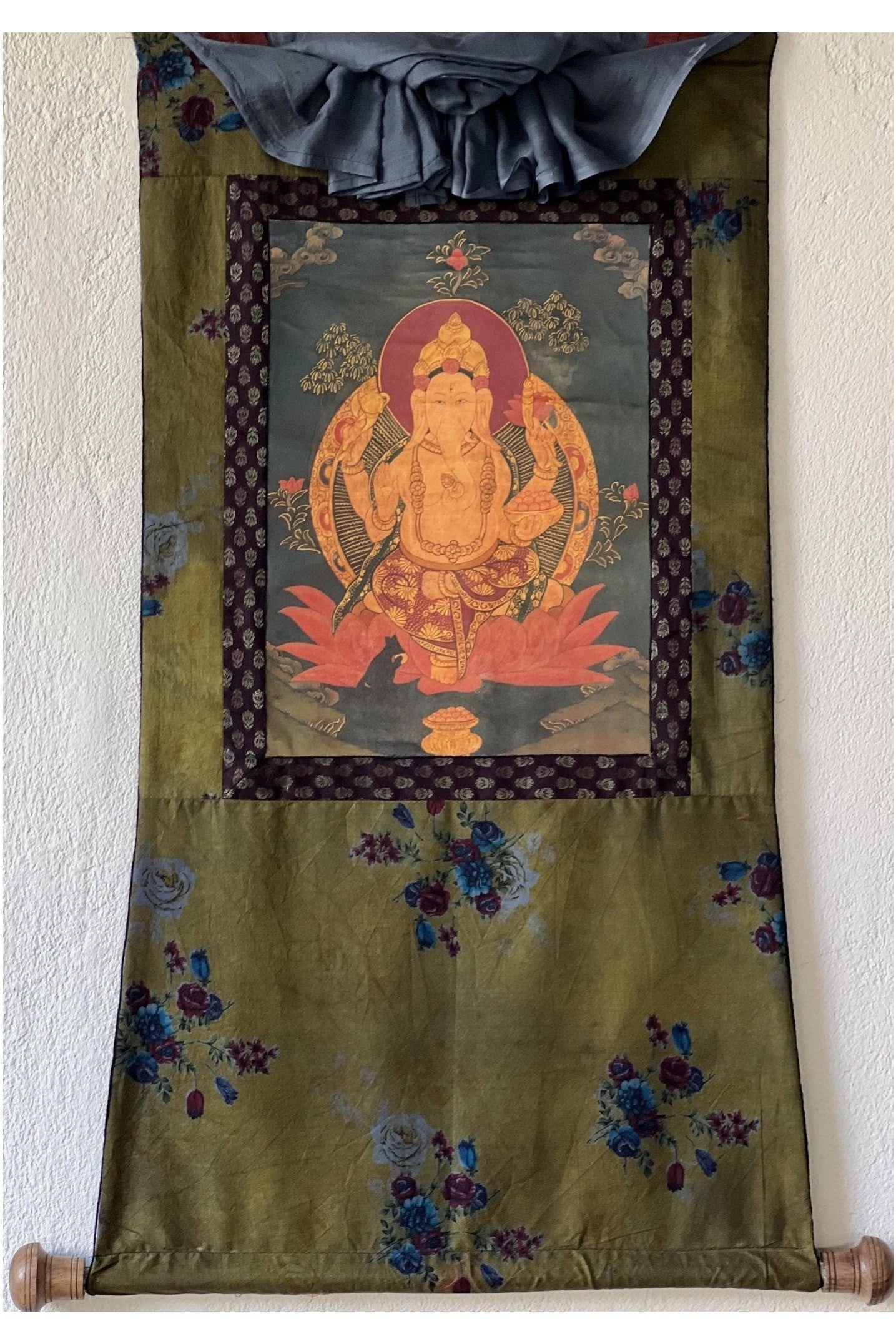 Lord Ganesha or Vinayaka Thangka Painting | Masterpiece Oil - Varnished Original Art | Framed with Cotton Brocade - Tibetan Thangka Art