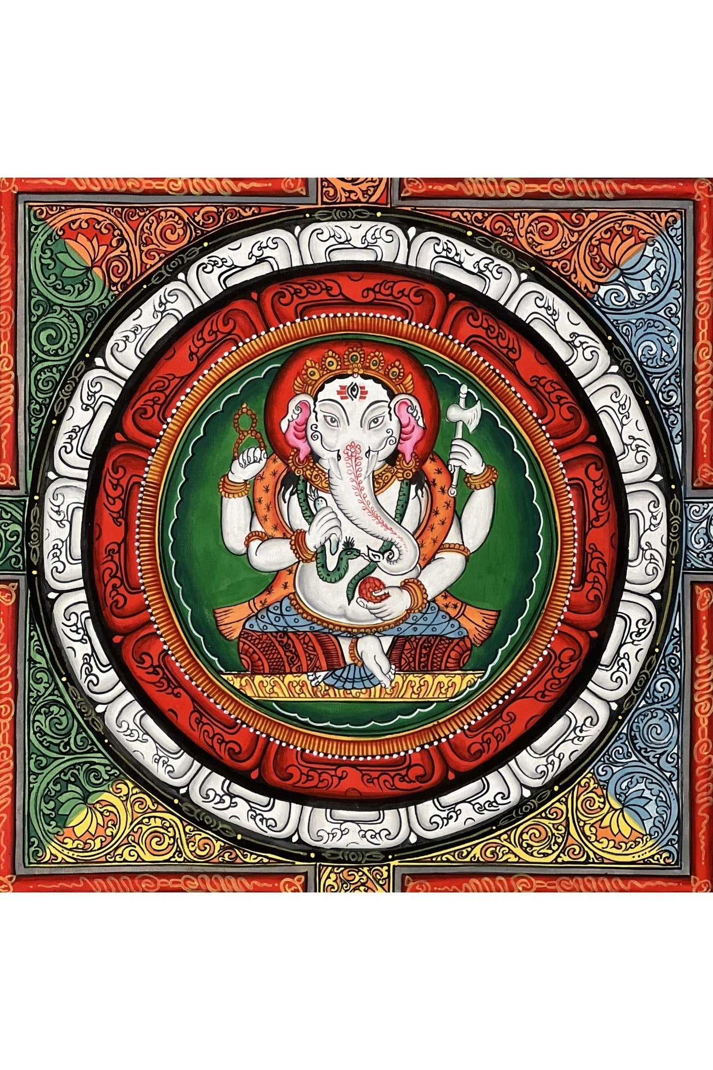 Lord Ganesha/Ganesh/ Ganapati/ Vinayaka, in SriYantra Master Quality Newari Paubha, Thangka Painting, Original Hand Painting/Meditation Art - Tibetan Thangka Art