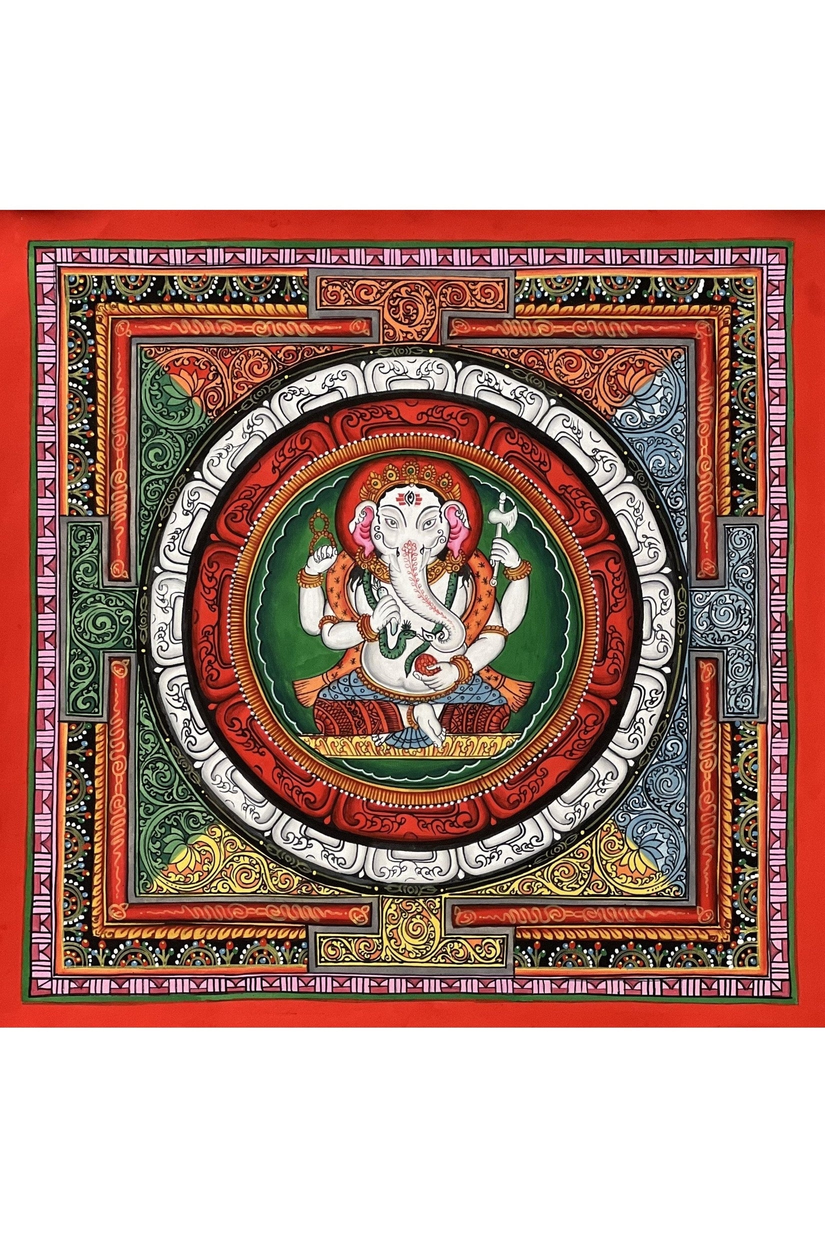 Lord Ganesha/Ganesh/ Ganapati/ Vinayaka, in SriYantra Master Quality Newari Paubha, Thangka Painting, Original Hand Painting/Meditation Art - Tibetan Thangka Art