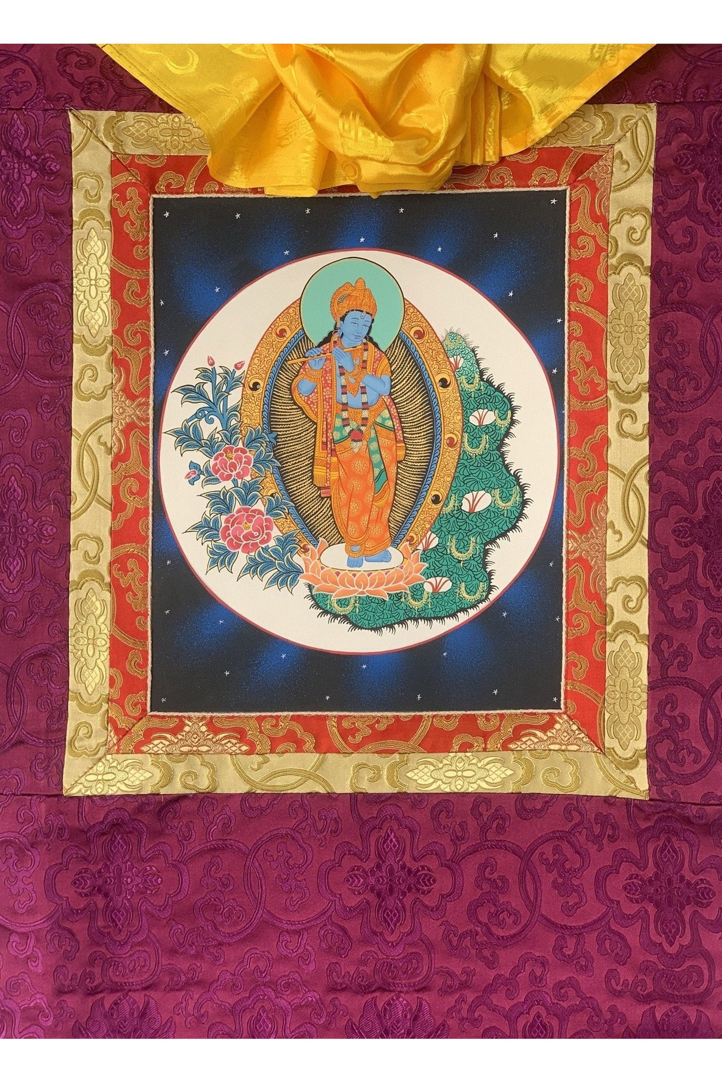 Lord Krishna, Govinda, God of Protection, Compassion, Love, Original Hand - Painting, Hindu, Vaishnava Art with Silk Frame - Tibetan Thangka Art