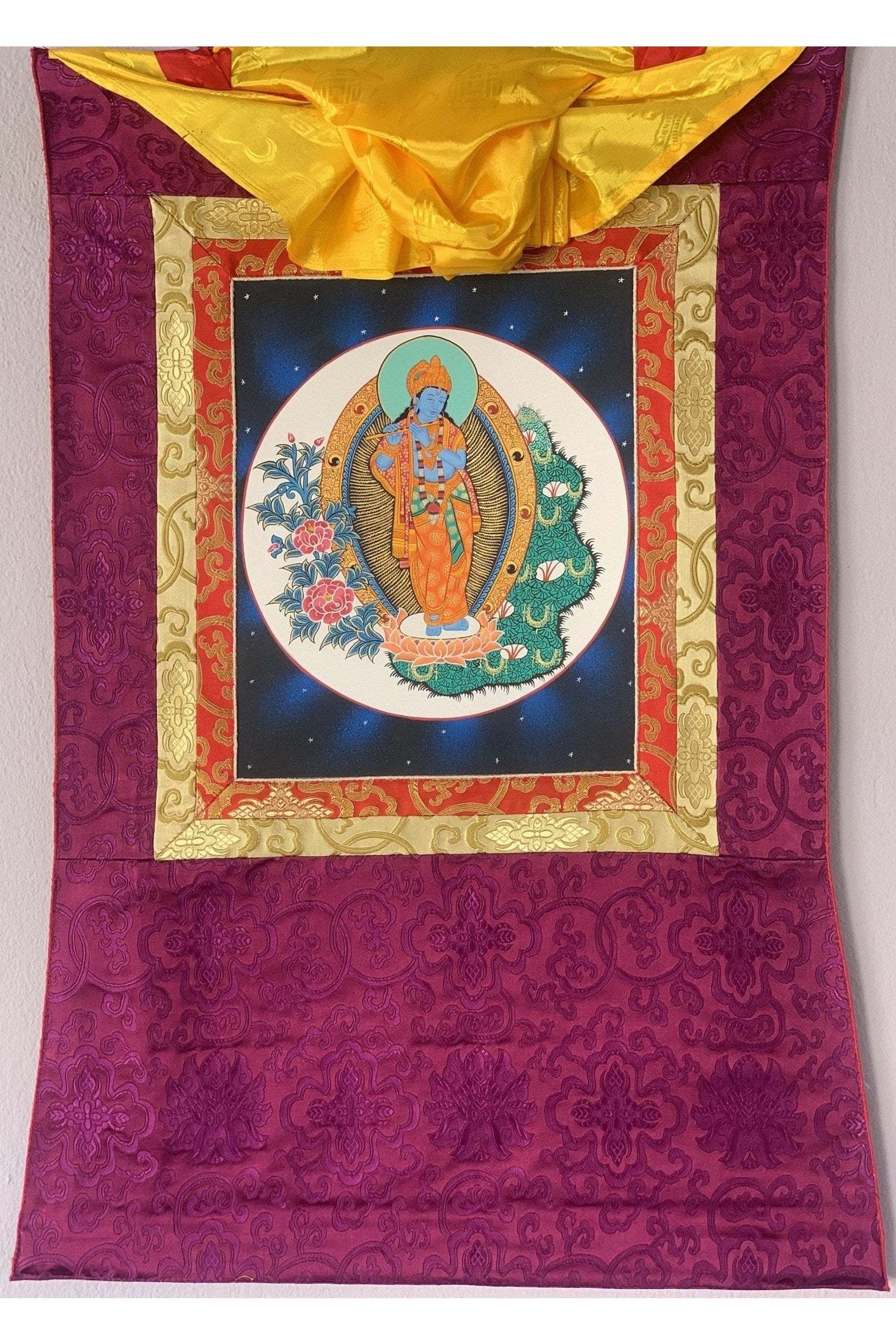 Lord Krishna, Govinda, God of Protection, Compassion, Love, Original Hand - Painting, Hindu, Vaishnava Art with Silk Frame - Tibetan Thangka Art