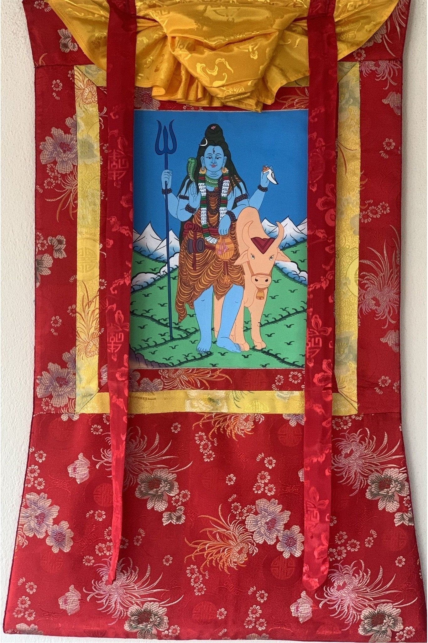 Lord Shiva, Mahadeva, Mahesh, Shankar, Thangka Painting, Original Art with Silk Brocade ( Frame) - Tibetan Thangka Art