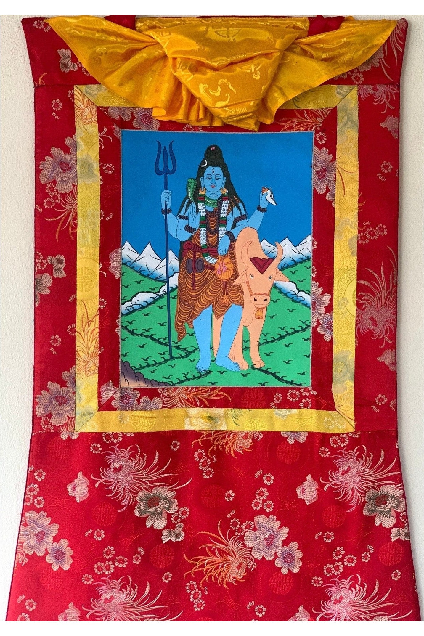 Lord Shiva, Mahadeva, Mahesh, Shankar, Thangka Painting, Original Art with Silk Brocade ( Frame) - Tibetan Thangka Art