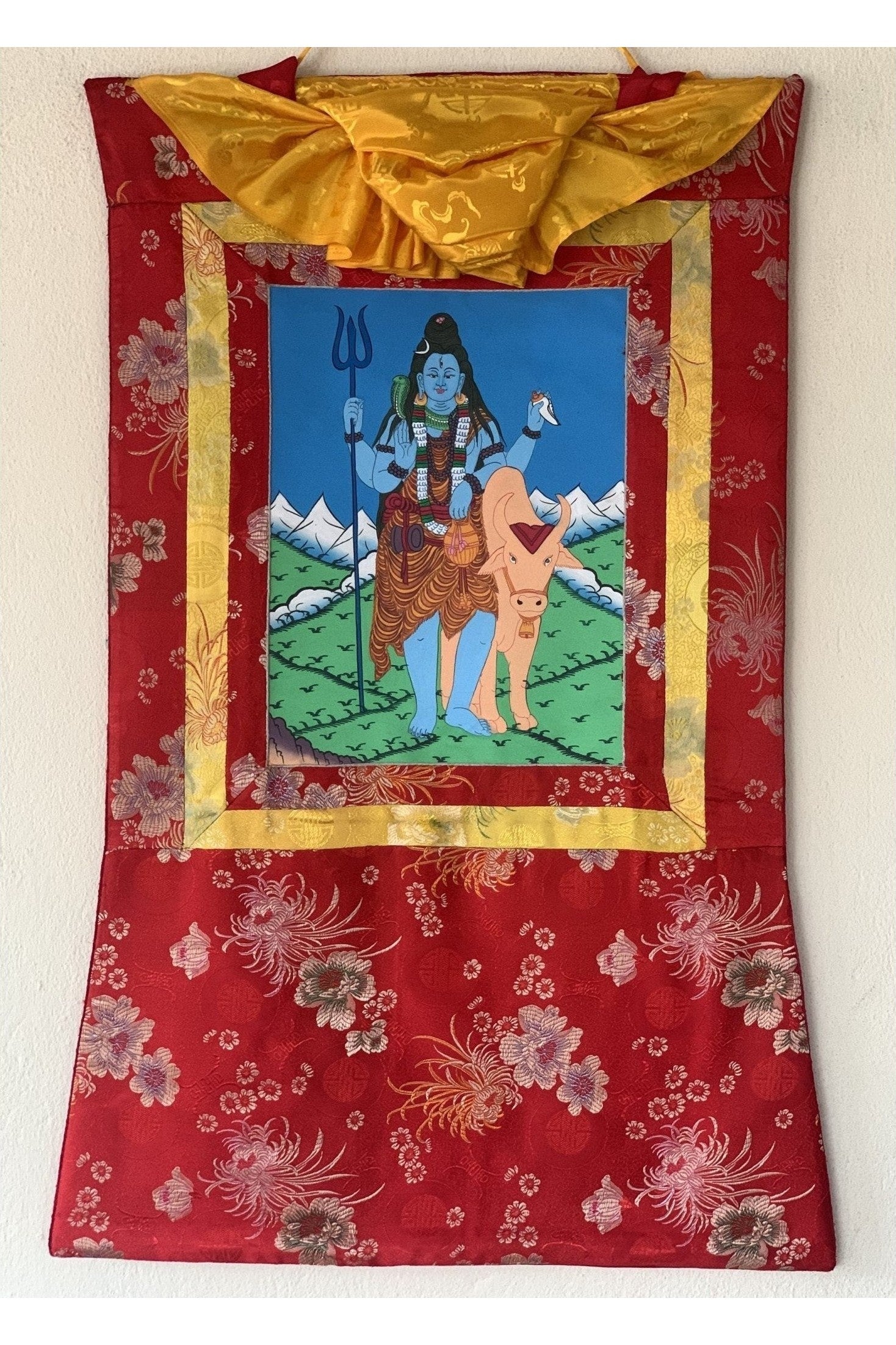 Lord Shiva, Mahadeva, Mahesh, Shankar, Thangka Painting, Original Art with Silk Brocade ( Frame) - Tibetan Thangka Art