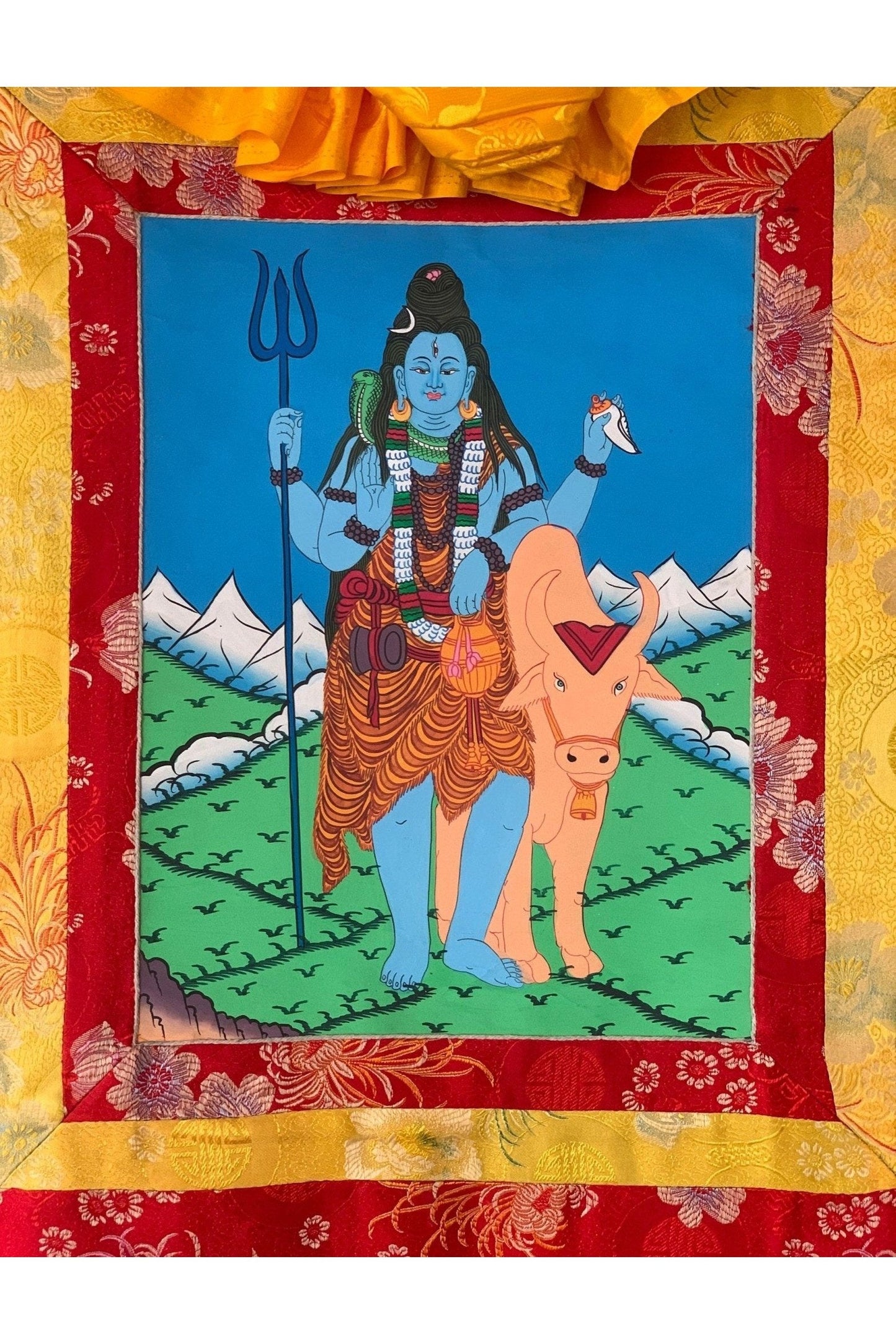 Lord Shiva, Mahadeva, Mahesh, Shankar, Thangka Painting, Original Art with Silk Brocade ( Frame) - Tibetan Thangka Art