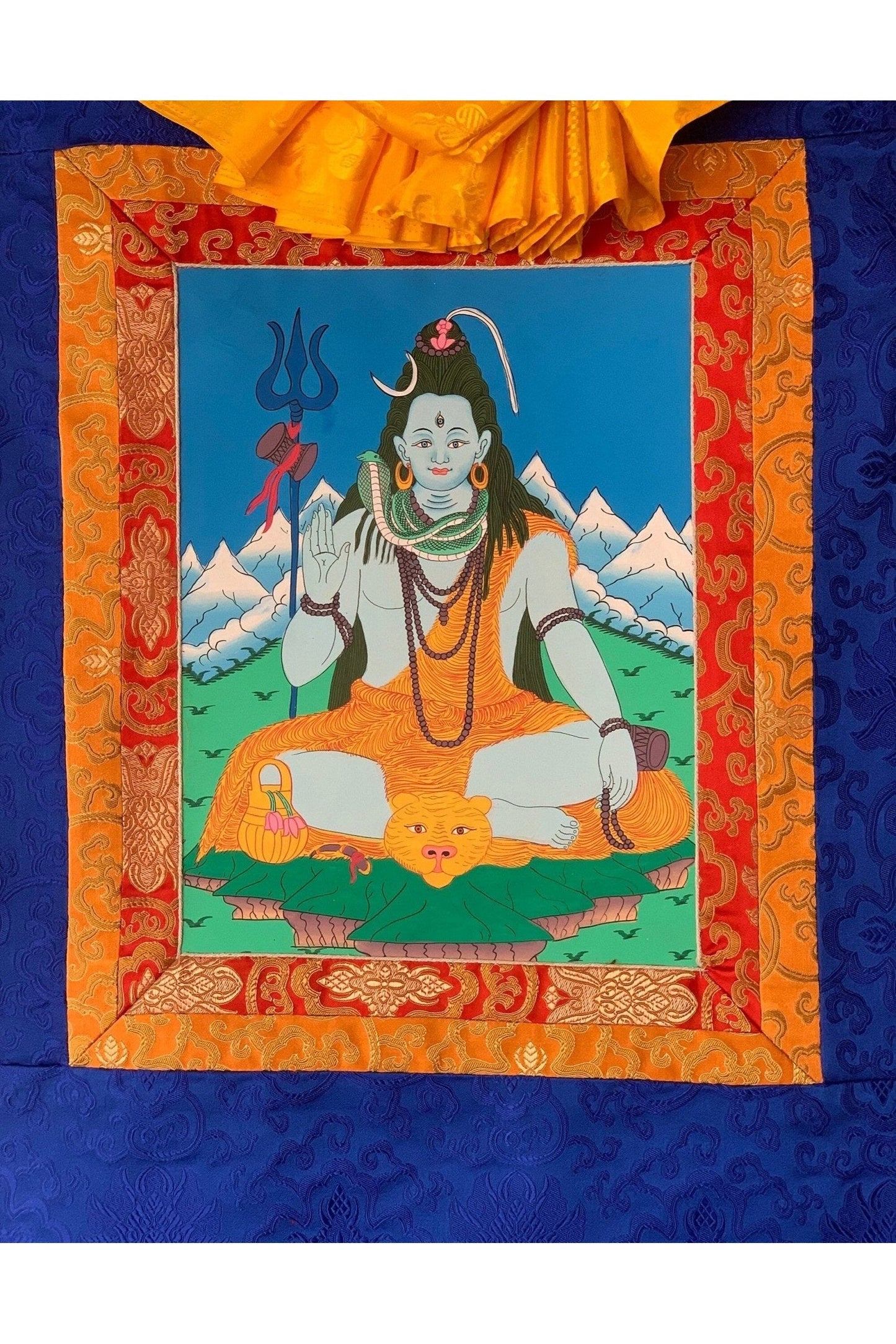 Lord Shiva, Mahadeva, Shankar, Thangka Painting, Original Art with Silk Brocade ( Frame) - Tibetan Thangka Art