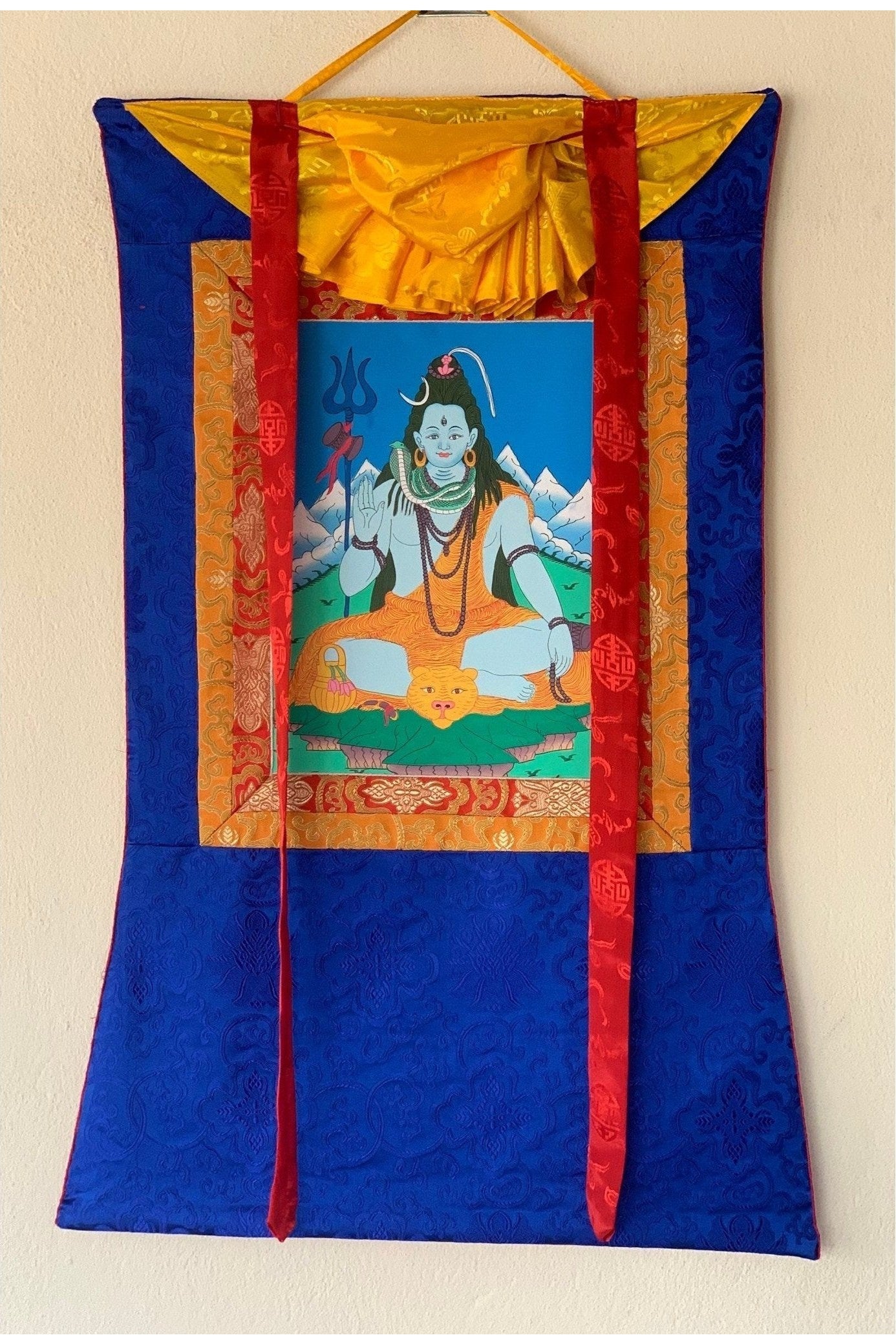 Lord Shiva, Mahadeva, Shankar, Thangka Painting, Original Art with Silk Brocade ( Frame) - Tibetan Thangka Art