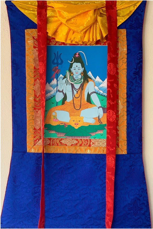 Lord Shiva, Mahadeva, Shankar, Thangka Painting, Original Art with Silk Brocade ( Frame) - Tibetan Thangka Art