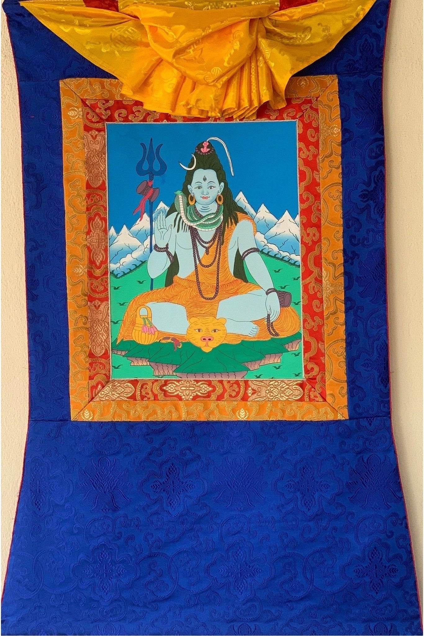 Lord Shiva, Mahadeva, Shankar, Thangka Painting, Original Art with Silk Brocade ( Frame) - Tibetan Thangka Art