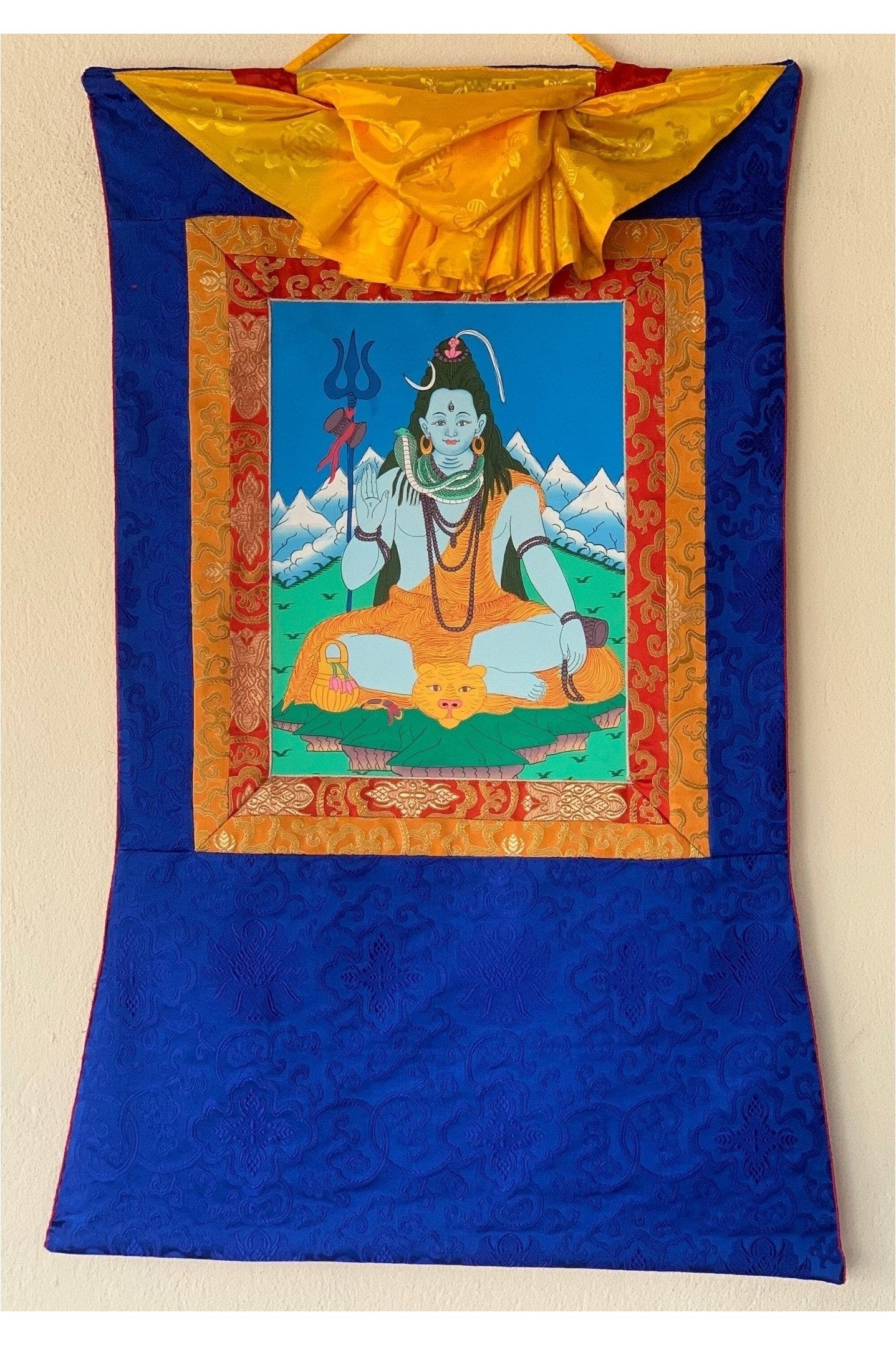 Lord Shiva, Mahadeva, Shankar, Thangka Painting, Original Art with Silk Brocade ( Frame) - Tibetan Thangka Art