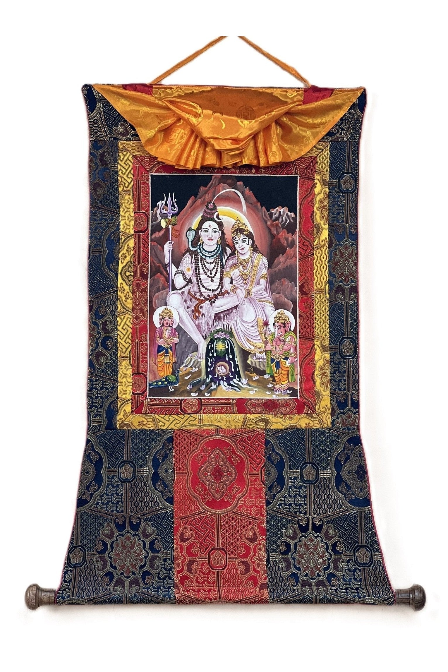 Lord Shiva Mahadeva Shankar with Mother Ganga Newari Paubha/ Thangka Painting, Original Masterpiece Art with High - Quality Silk Brocade - Tibetan Thangka Art